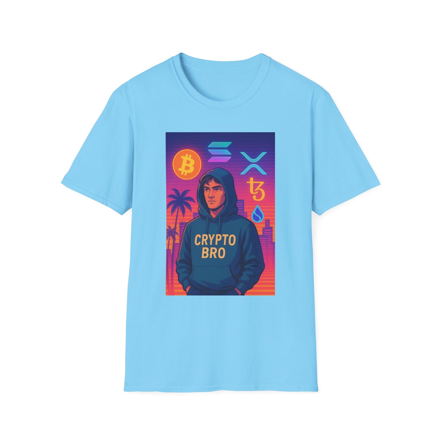 Crypto Bro Miami Neon T-Shirt, Unisex Softstyle Tee for Crypto Lovers, Bitcoin Merch, Tech Apparel, Gamer Shirt, Unique Gift Idea