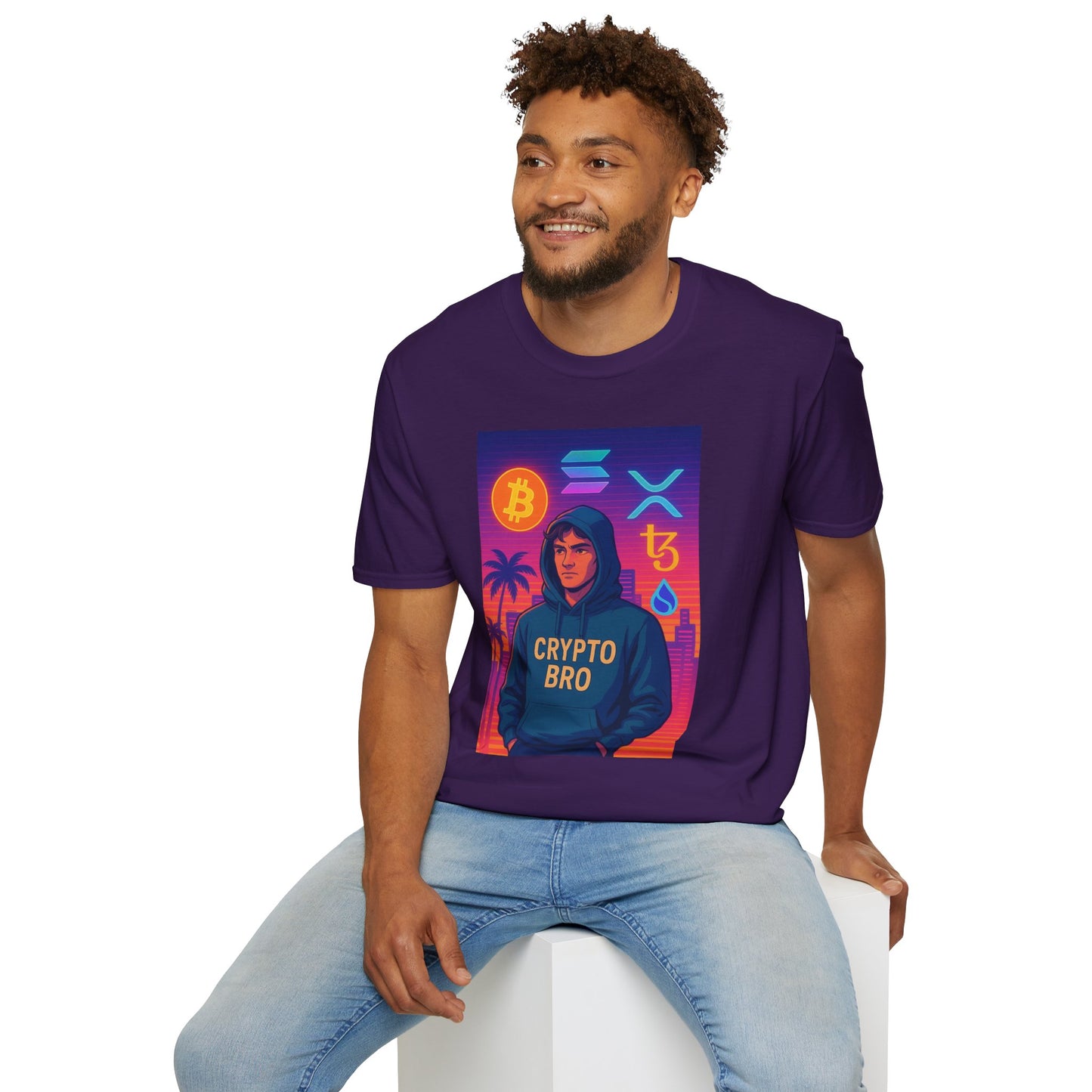 Crypto Bro Miami Neon T-Shirt, Unisex Softstyle Tee for Crypto Lovers, Bitcoin Merch, Tech Apparel, Gamer Shirt, Unique Gift Idea