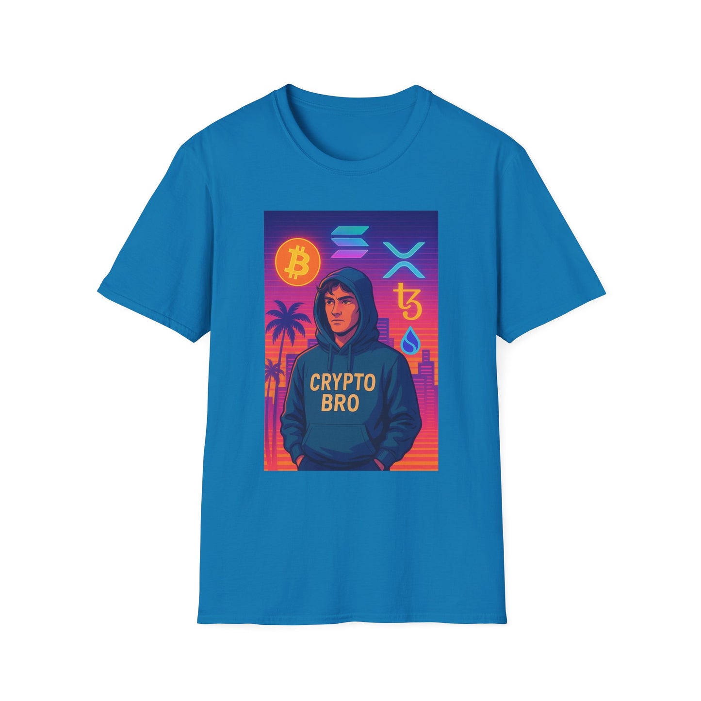 Crypto Bro Miami Neon T-Shirt, Unisex Softstyle Tee for Crypto Lovers, Bitcoin Merch, Tech Apparel, Gamer Shirt, Unique Gift Idea