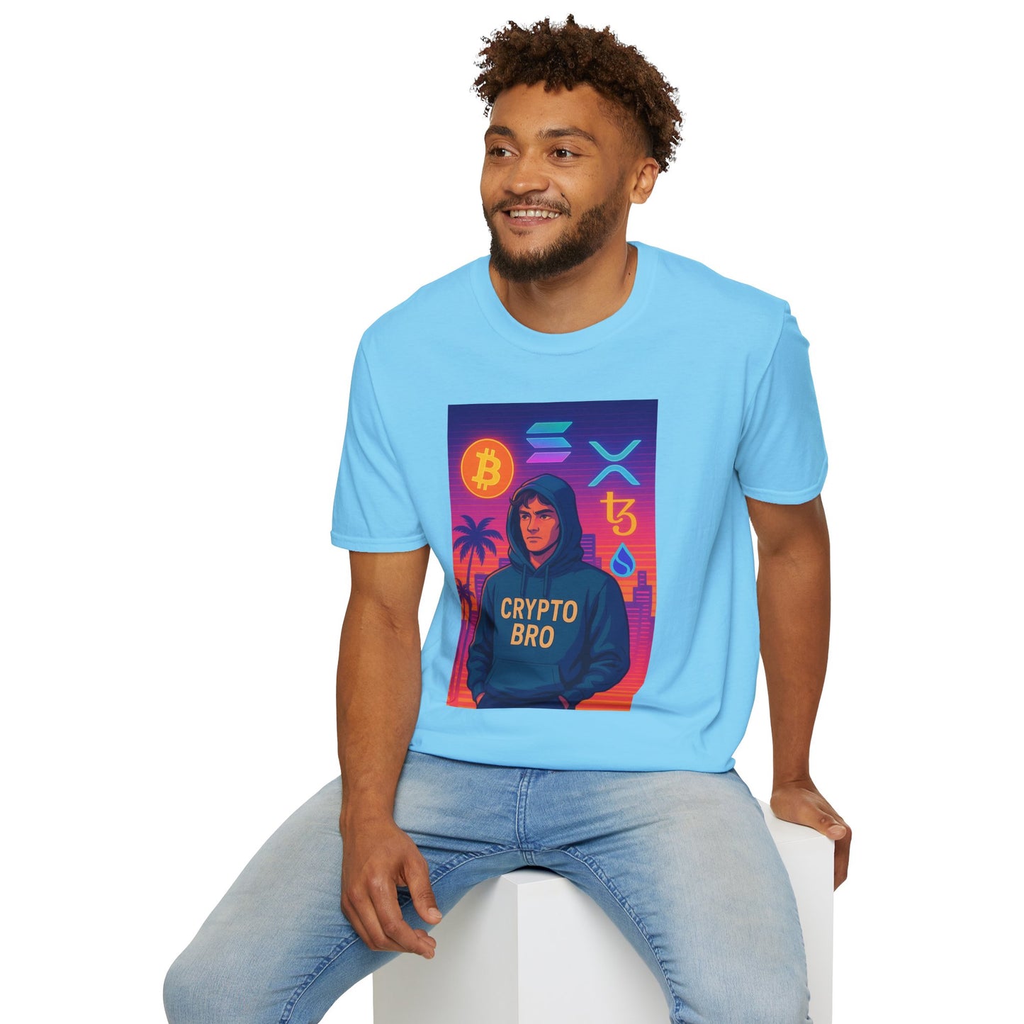 Crypto Bro Miami Neon T-Shirt, Unisex Softstyle Tee for Crypto Lovers, Bitcoin Merch, Tech Apparel, Gamer Shirt, Unique Gift Idea