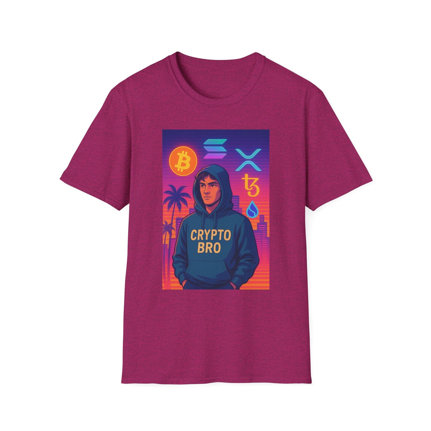Crypto Bro Miami Neon T-Shirt, Unisex Softstyle Tee for Crypto Lovers, Bitcoin Merch, Tech Apparel, Gamer Shirt, Unique Gift Idea