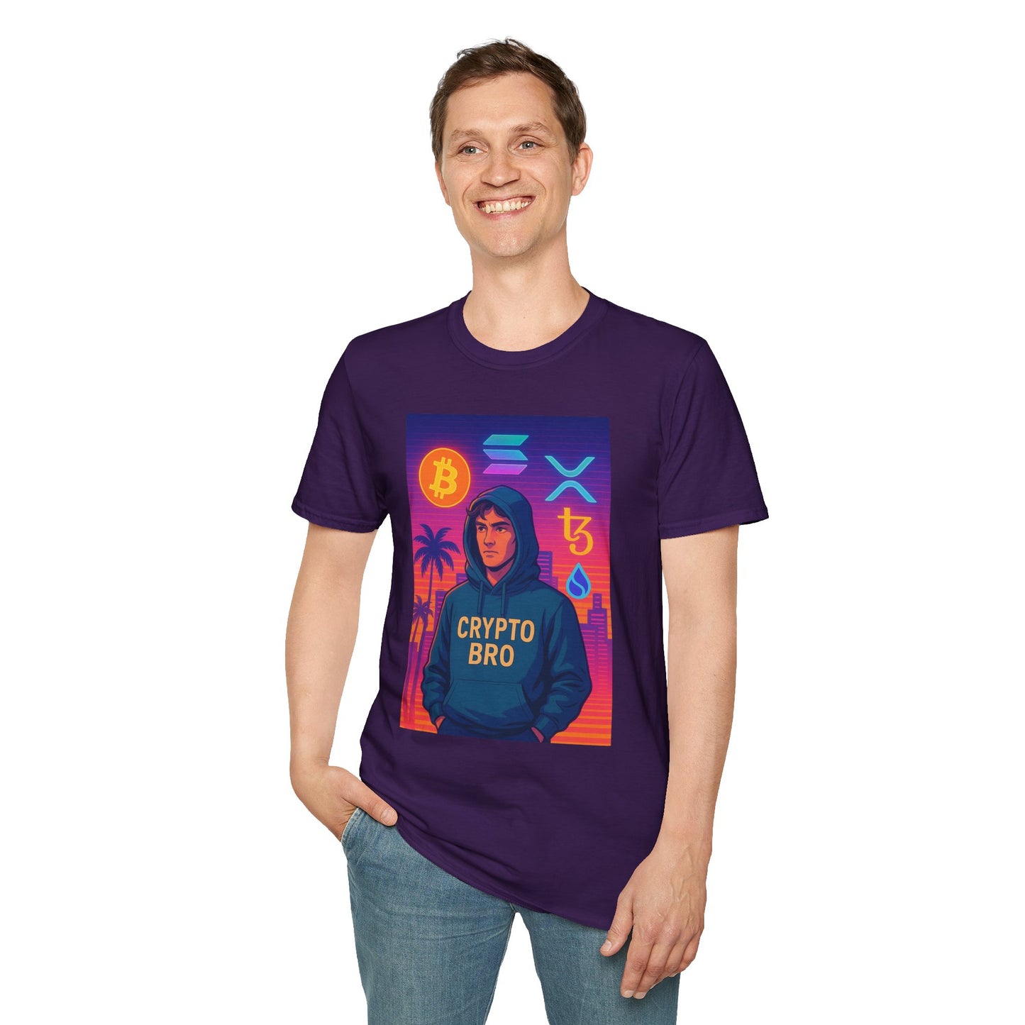 Crypto Bro Miami Neon T-Shirt, Unisex Softstyle Tee for Crypto Lovers, Bitcoin Merch, Tech Apparel, Gamer Shirt, Unique Gift Idea