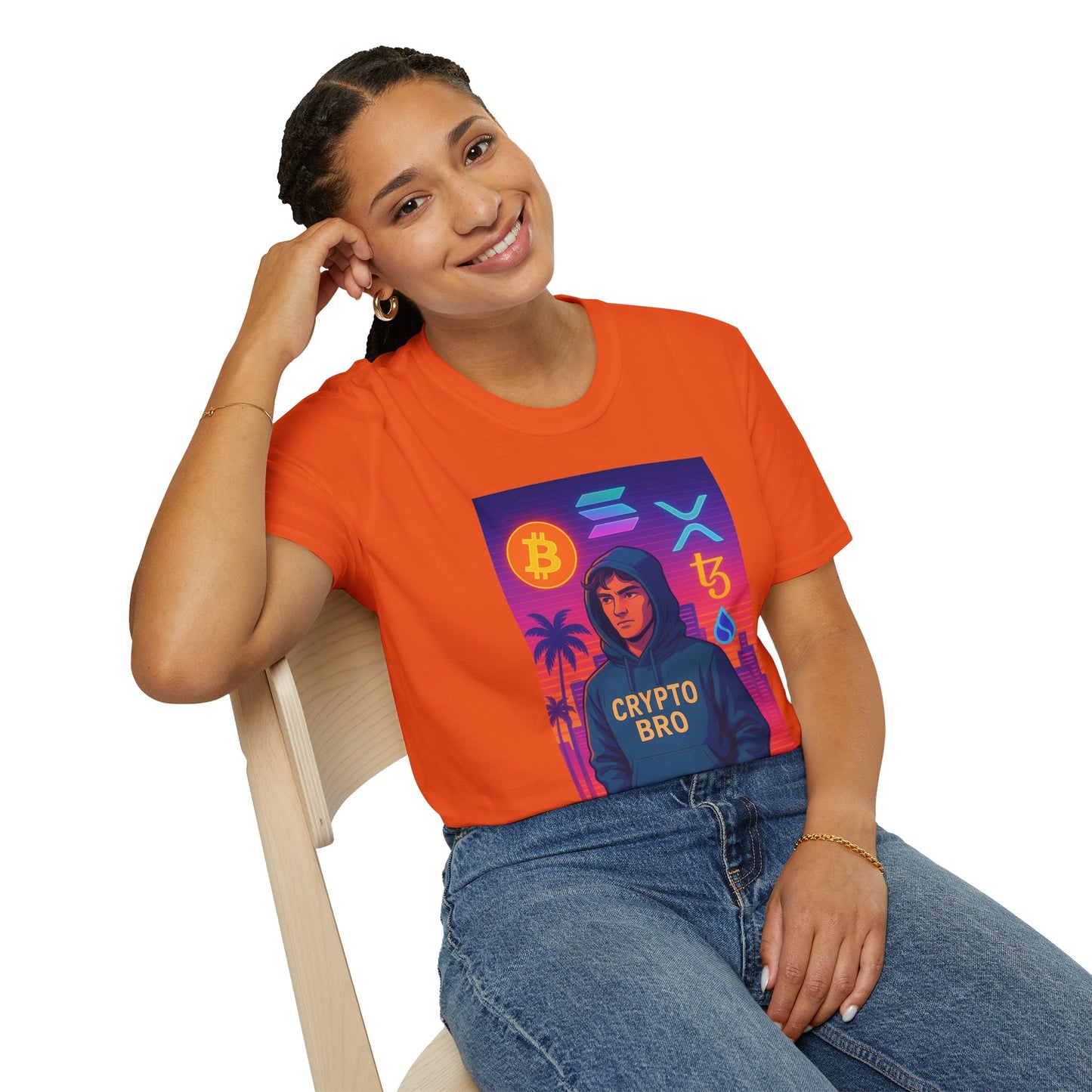 Crypto Bro Miami Neon T-Shirt, Unisex Softstyle Tee for Crypto Lovers, Bitcoin Merch, Tech Apparel, Gamer Shirt, Unique Gift Idea