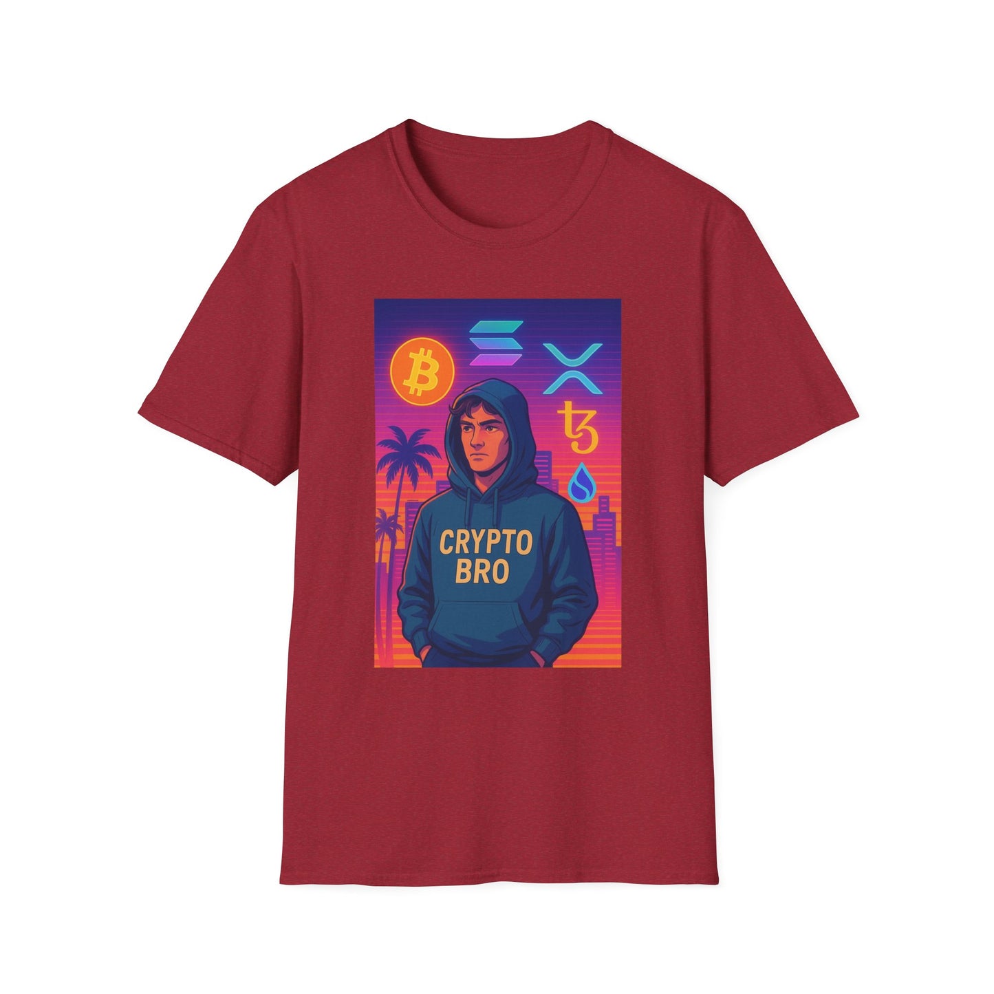 Crypto Bro Miami Neon T-Shirt, Unisex Softstyle Tee for Crypto Lovers, Bitcoin Merch, Tech Apparel, Gamer Shirt, Unique Gift Idea