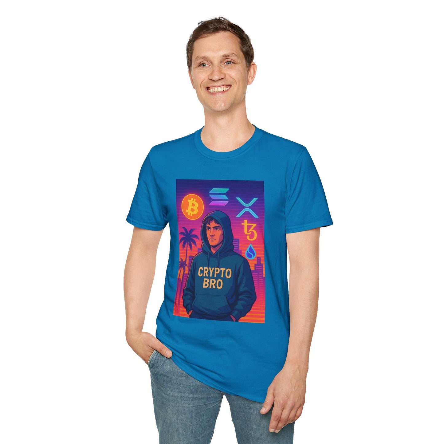 Crypto Bro Miami Neon T-Shirt, Unisex Softstyle Tee for Crypto Lovers, Bitcoin Merch, Tech Apparel, Gamer Shirt, Unique Gift Idea