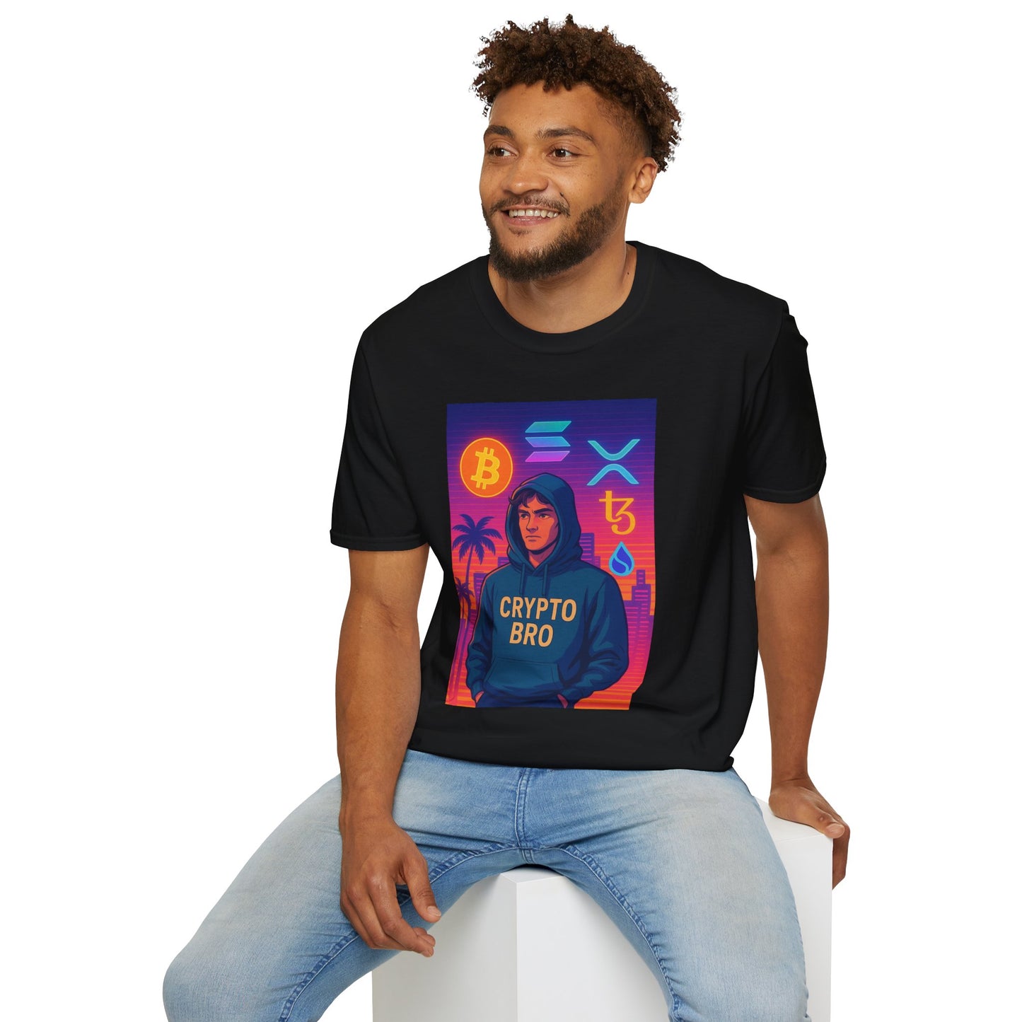 Crypto Bro Miami Neon T-Shirt, Unisex Softstyle Tee for Crypto Lovers, Bitcoin Merch, Tech Apparel, Gamer Shirt, Unique Gift Idea