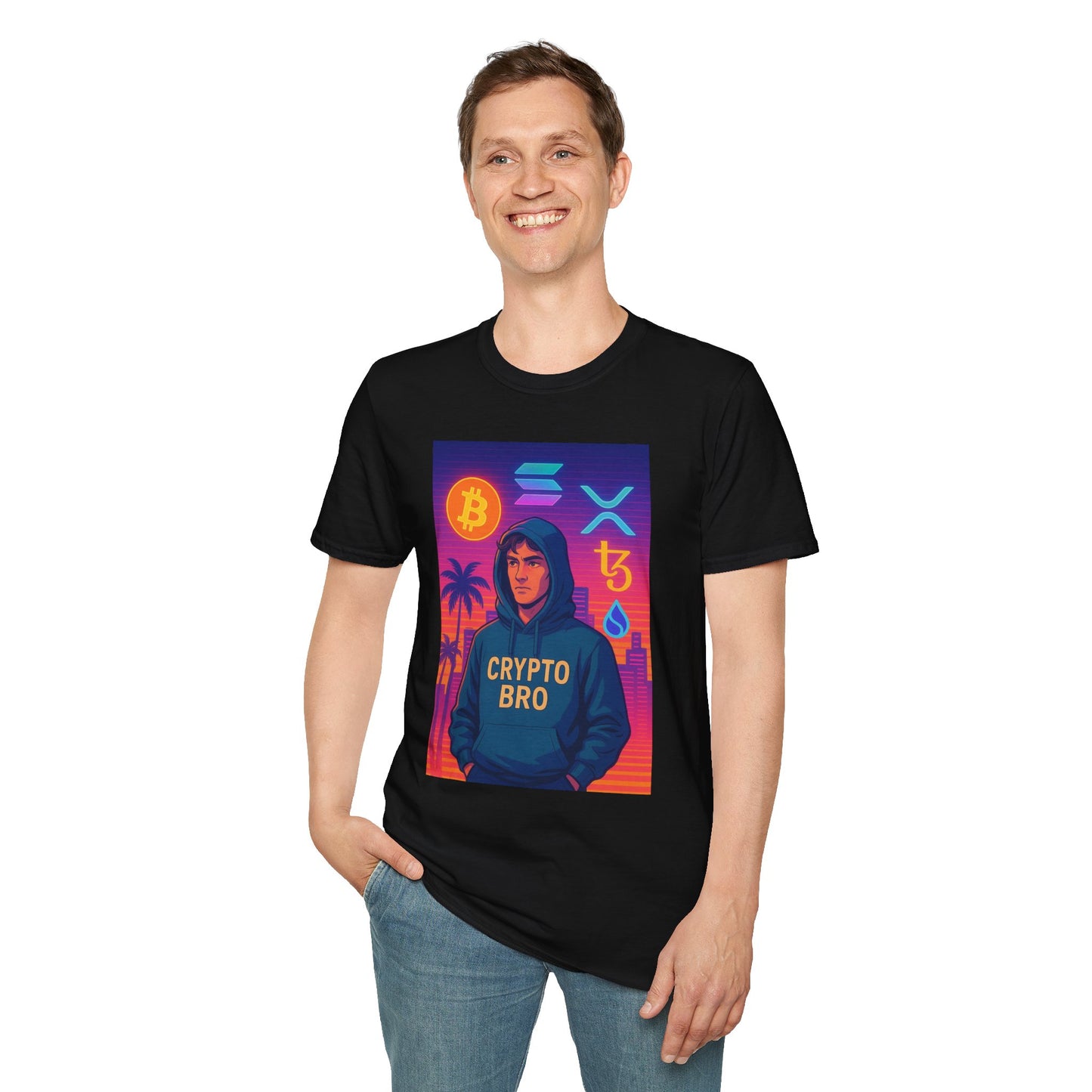 Crypto Bro Miami Neon T-Shirt, Unisex Softstyle Tee for Crypto Lovers, Bitcoin Merch, Tech Apparel, Gamer Shirt, Unique Gift Idea