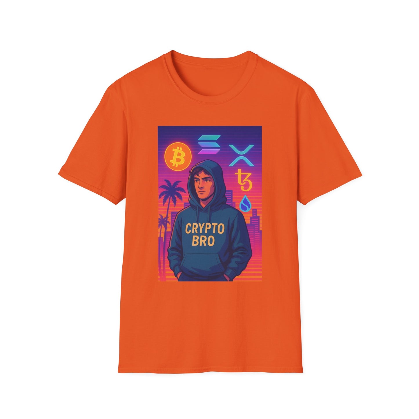 Crypto Bro Miami Neon T-Shirt, Unisex Softstyle Tee for Crypto Lovers, Bitcoin Merch, Tech Apparel, Gamer Shirt, Unique Gift Idea