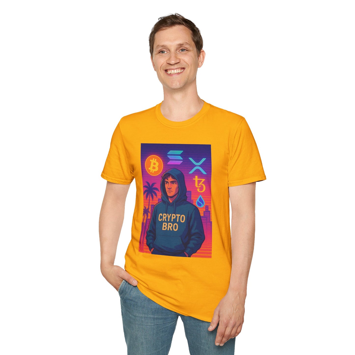 Crypto Bro Miami Neon T-Shirt, Unisex Softstyle Tee for Crypto Lovers, Bitcoin Merch, Tech Apparel, Gamer Shirt, Unique Gift Idea