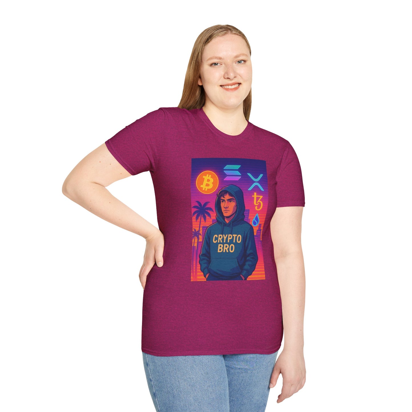 Crypto Bro Miami Neon T-Shirt, Unisex Softstyle Tee for Crypto Lovers, Bitcoin Merch, Tech Apparel, Gamer Shirt, Unique Gift Idea