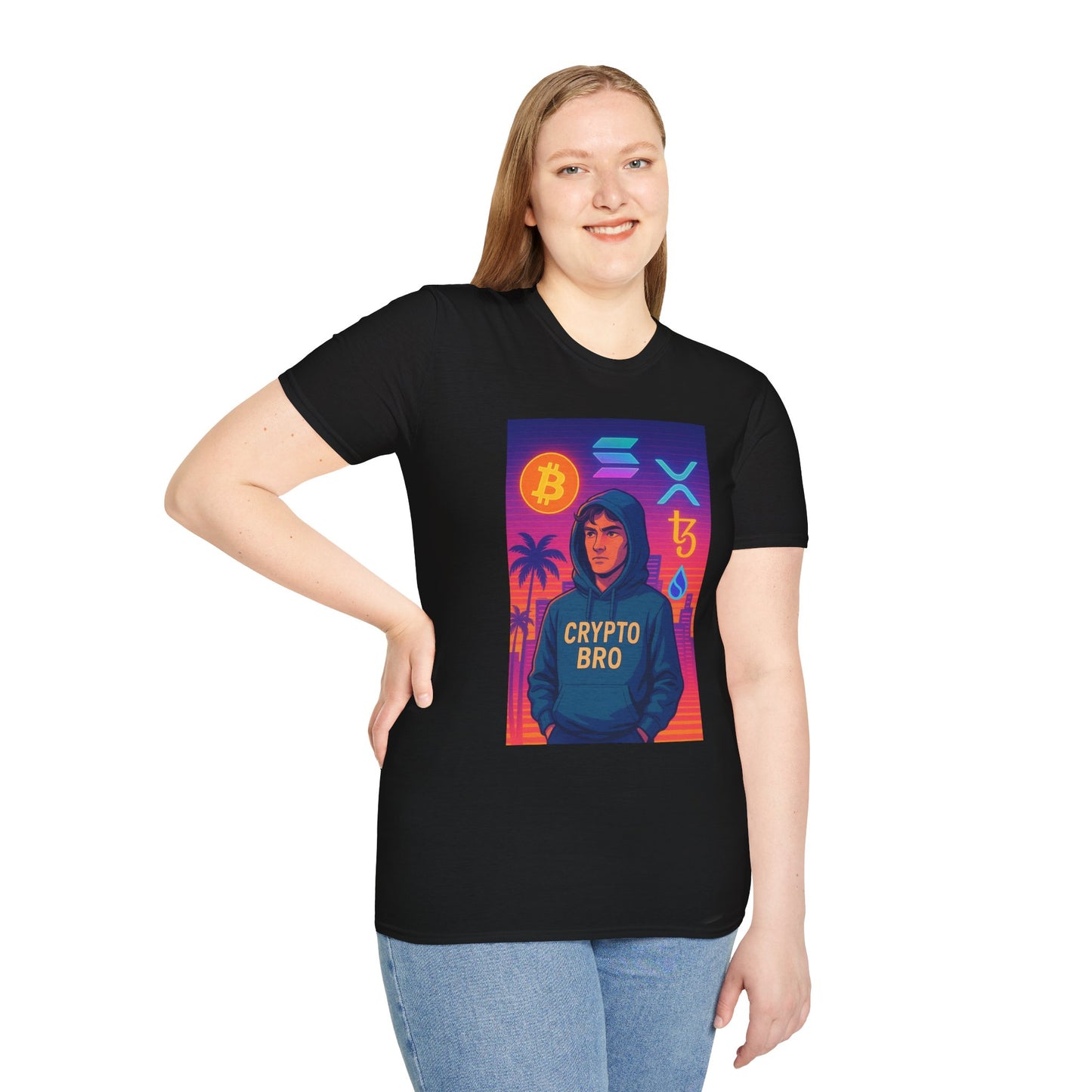 Crypto Bro Miami Neon T-Shirt, Unisex Softstyle Tee for Crypto Lovers, Bitcoin Merch, Tech Apparel, Gamer Shirt, Unique Gift Idea