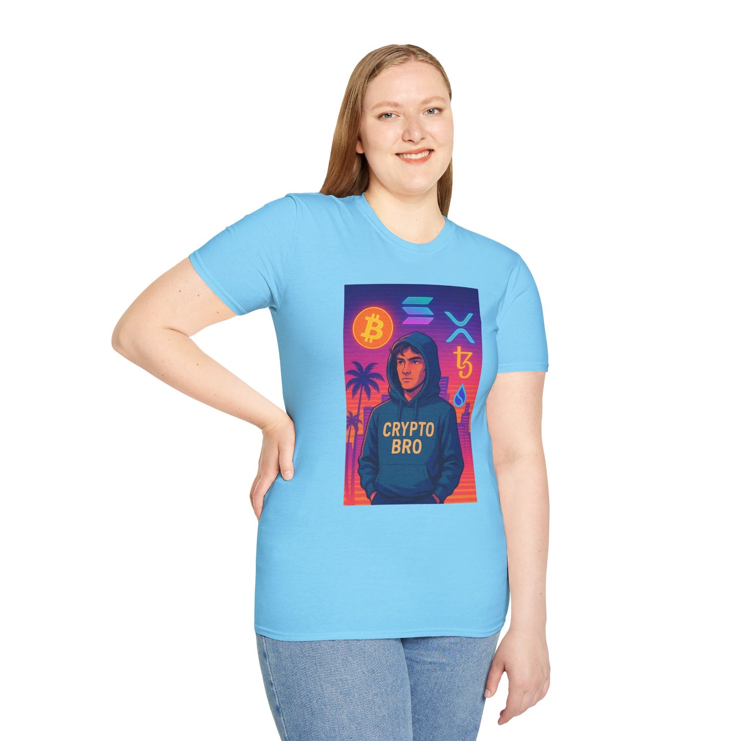 Crypto Bro Miami Neon T-Shirt, Unisex Softstyle Tee for Crypto Lovers, Bitcoin Merch, Tech Apparel, Gamer Shirt, Unique Gift Idea