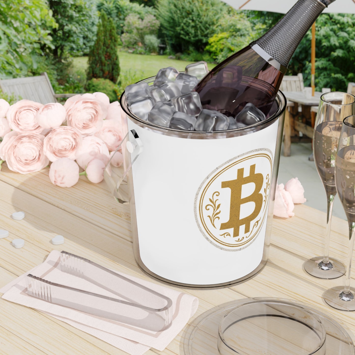 Bitcoin Ice Bucket with Tongs, Luxury Party Cooler, Cryptocurrency Gift, Modern Barware, Poolside Accessory