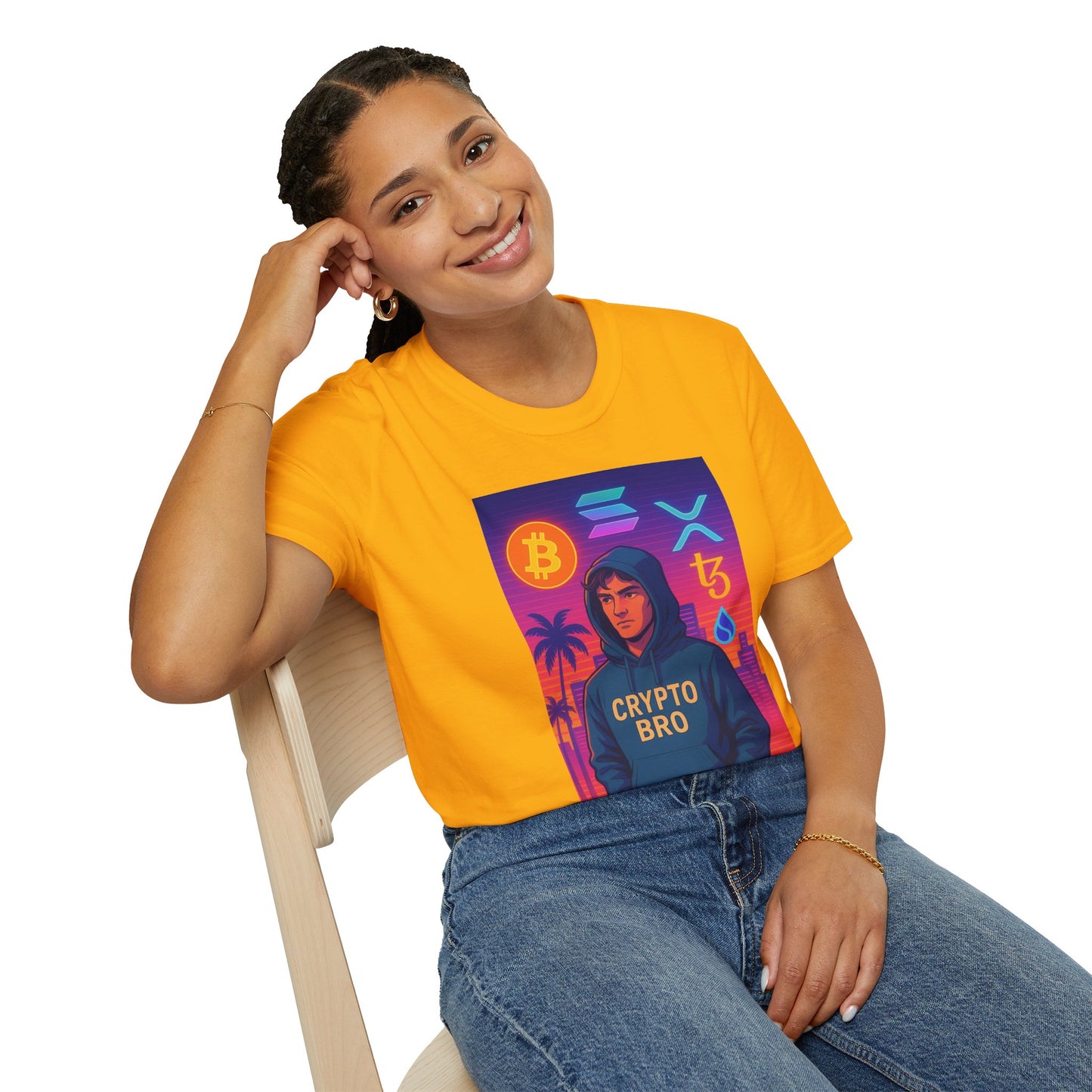 Crypto Bro Miami Neon T-Shirt, Unisex Softstyle Tee for Crypto Lovers, Bitcoin Merch, Tech Apparel, Gamer Shirt, Unique Gift Idea