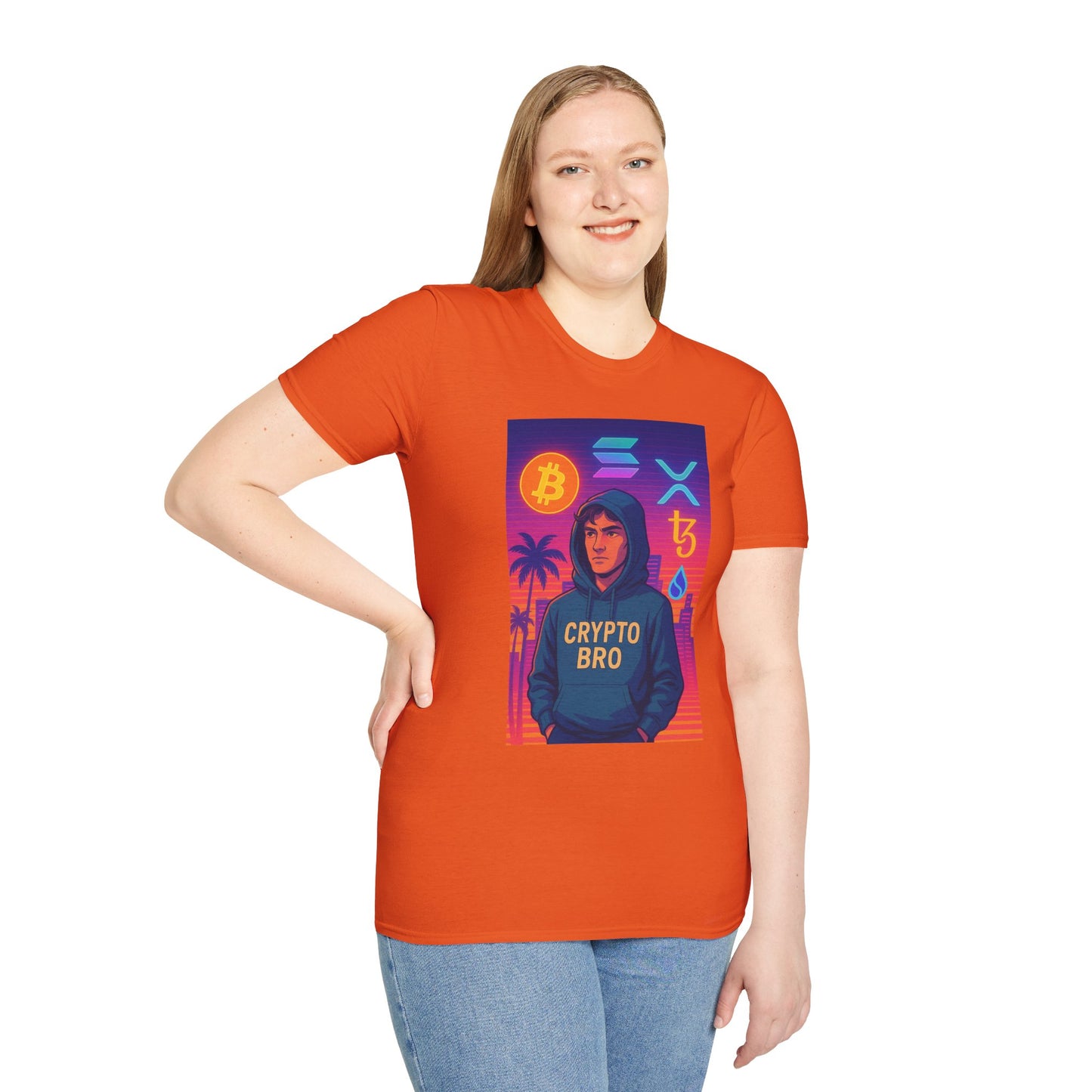 Crypto Bro Miami Neon T-Shirt, Unisex Softstyle Tee for Crypto Lovers, Bitcoin Merch, Tech Apparel, Gamer Shirt, Unique Gift Idea