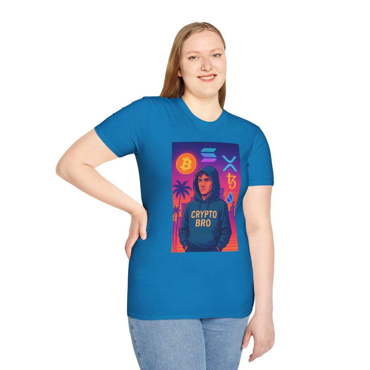 Crypto Bro Miami Neon T-Shirt, Unisex Softstyle Tee for Crypto Lovers, Bitcoin Merch, Tech Apparel, Gamer Shirt, Unique Gift Idea