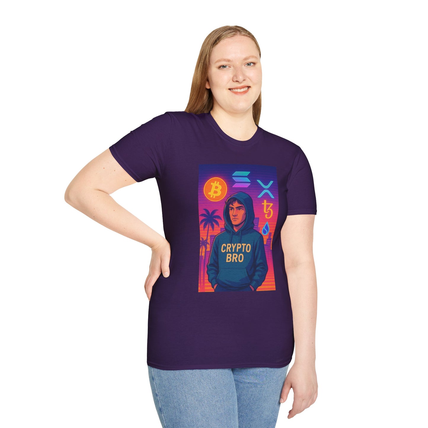 Crypto Bro Miami Neon T-Shirt, Unisex Softstyle Tee for Crypto Lovers, Bitcoin Merch, Tech Apparel, Gamer Shirt, Unique Gift Idea