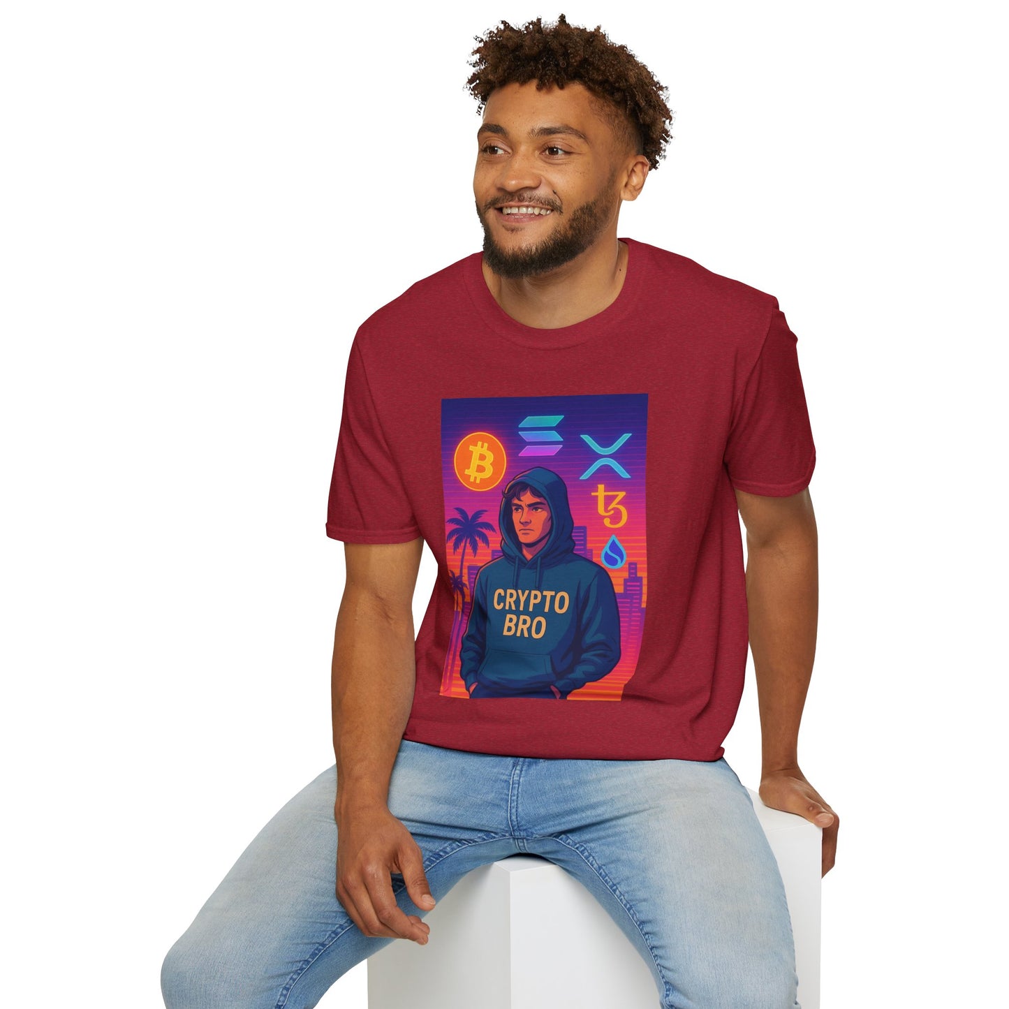 Crypto Bro Miami Neon T-Shirt, Unisex Softstyle Tee for Crypto Lovers, Bitcoin Merch, Tech Apparel, Gamer Shirt, Unique Gift Idea