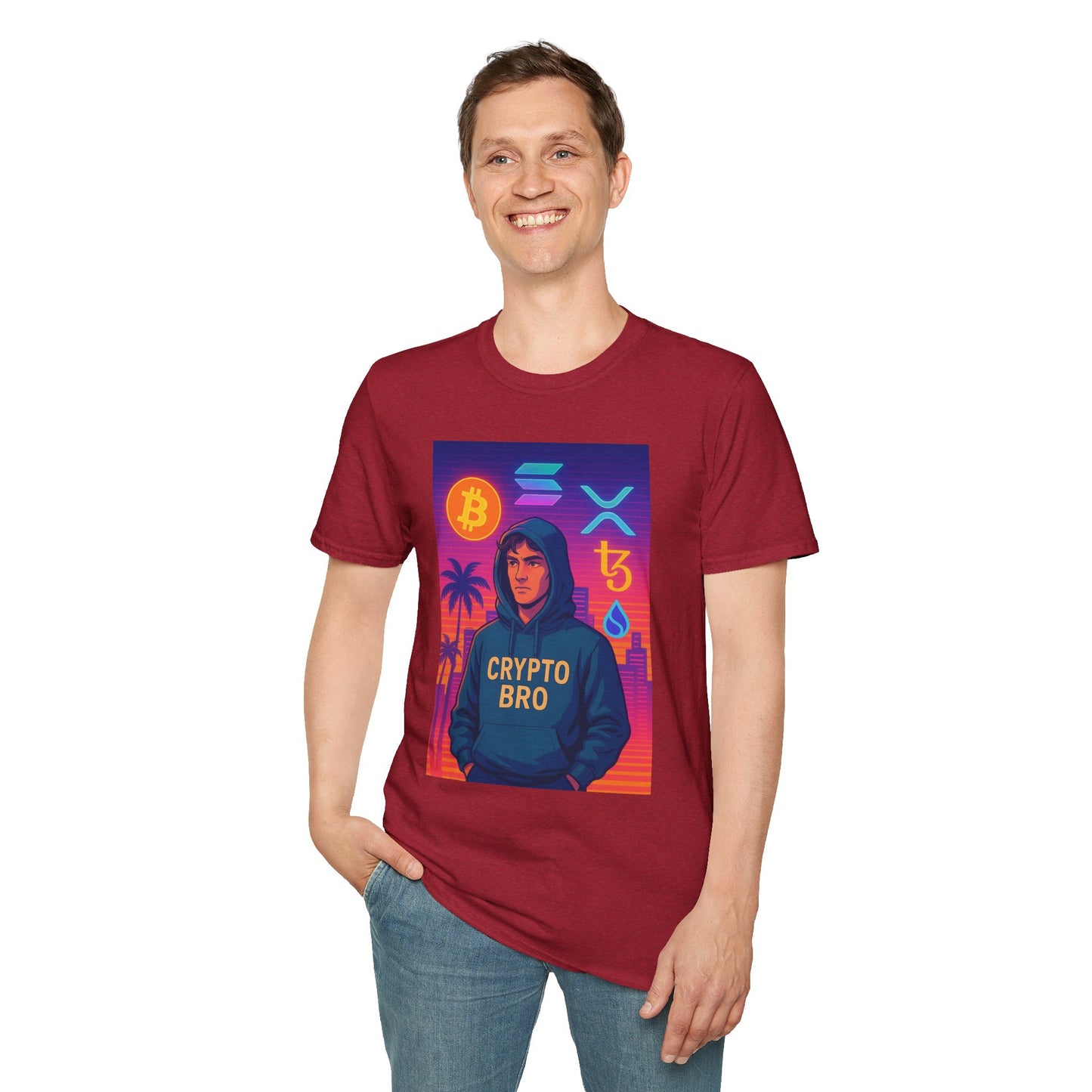 Crypto Bro Miami Neon T-Shirt, Unisex Softstyle Tee for Crypto Lovers, Bitcoin Merch, Tech Apparel, Gamer Shirt, Unique Gift Idea