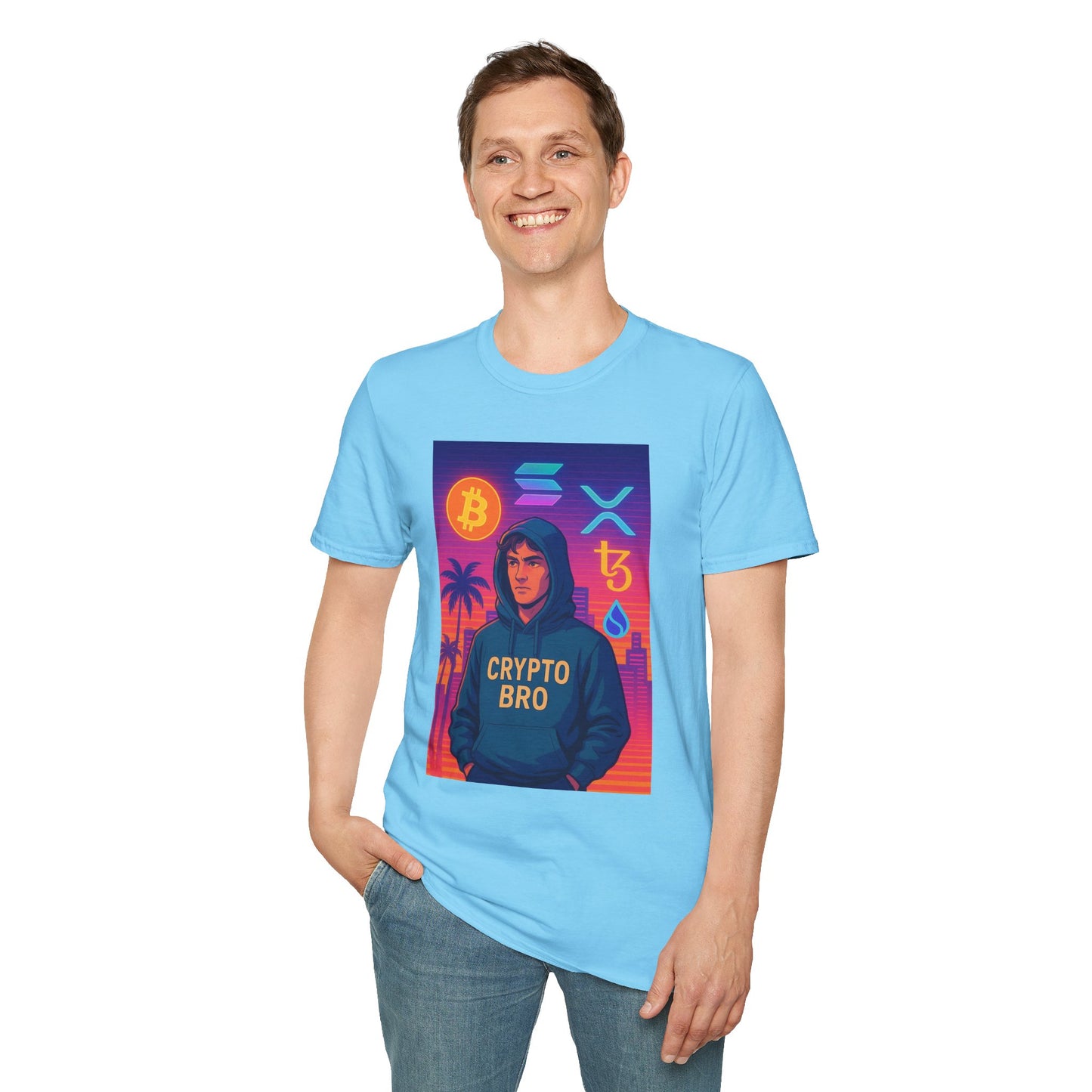 Crypto Bro Miami Neon T-Shirt, Unisex Softstyle Tee for Crypto Lovers, Bitcoin Merch, Tech Apparel, Gamer Shirt, Unique Gift Idea