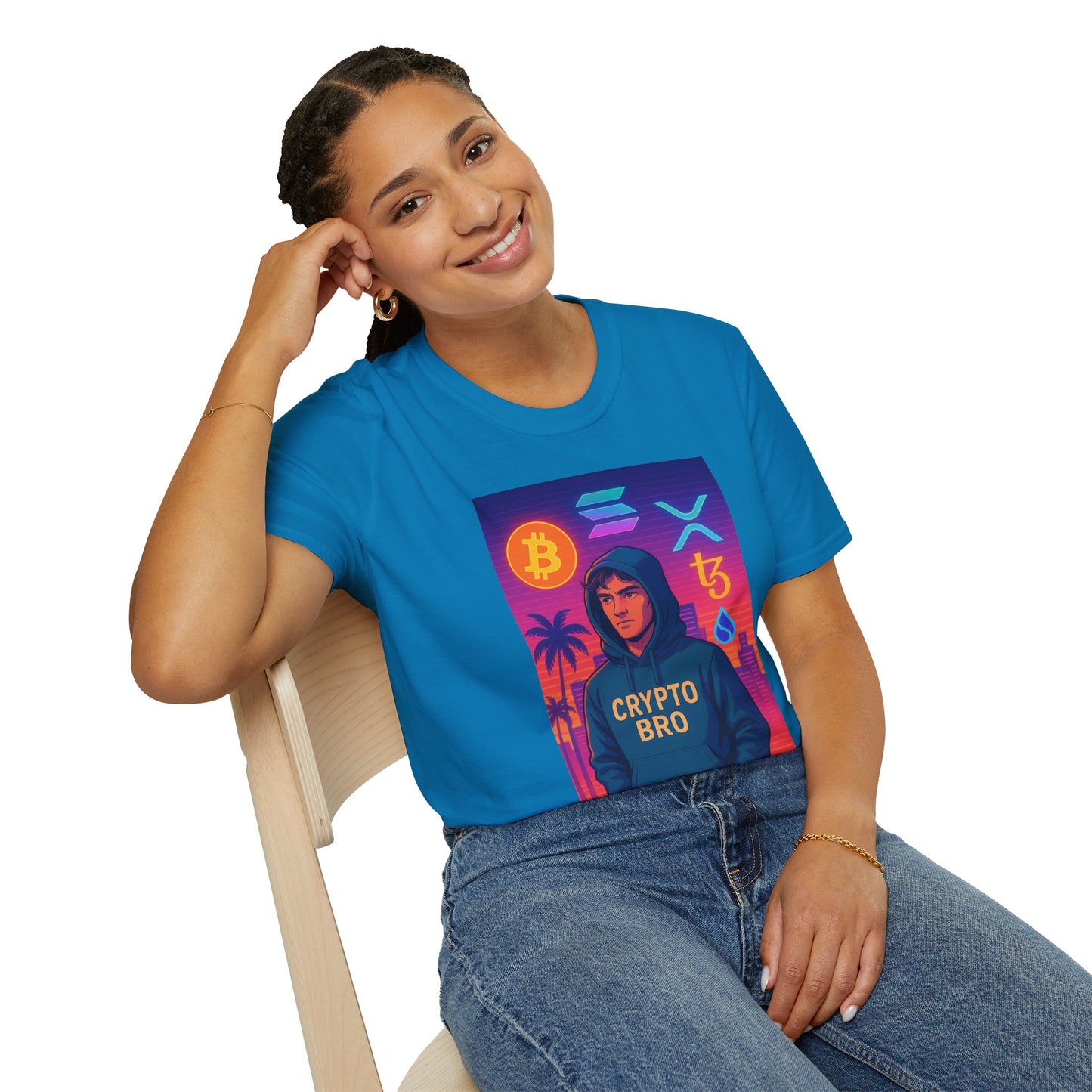 Crypto Bro Miami Neon T-Shirt, Unisex Softstyle Tee for Crypto Lovers, Bitcoin Merch, Tech Apparel, Gamer Shirt, Unique Gift Idea
