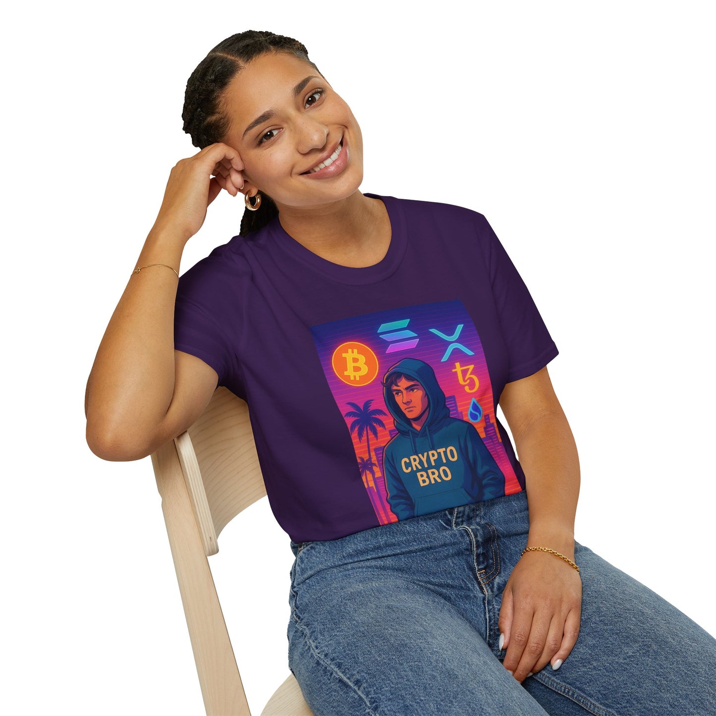 Crypto Bro Miami Neon T-Shirt, Unisex Softstyle Tee for Crypto Lovers, Bitcoin Merch, Tech Apparel, Gamer Shirt, Unique Gift Idea