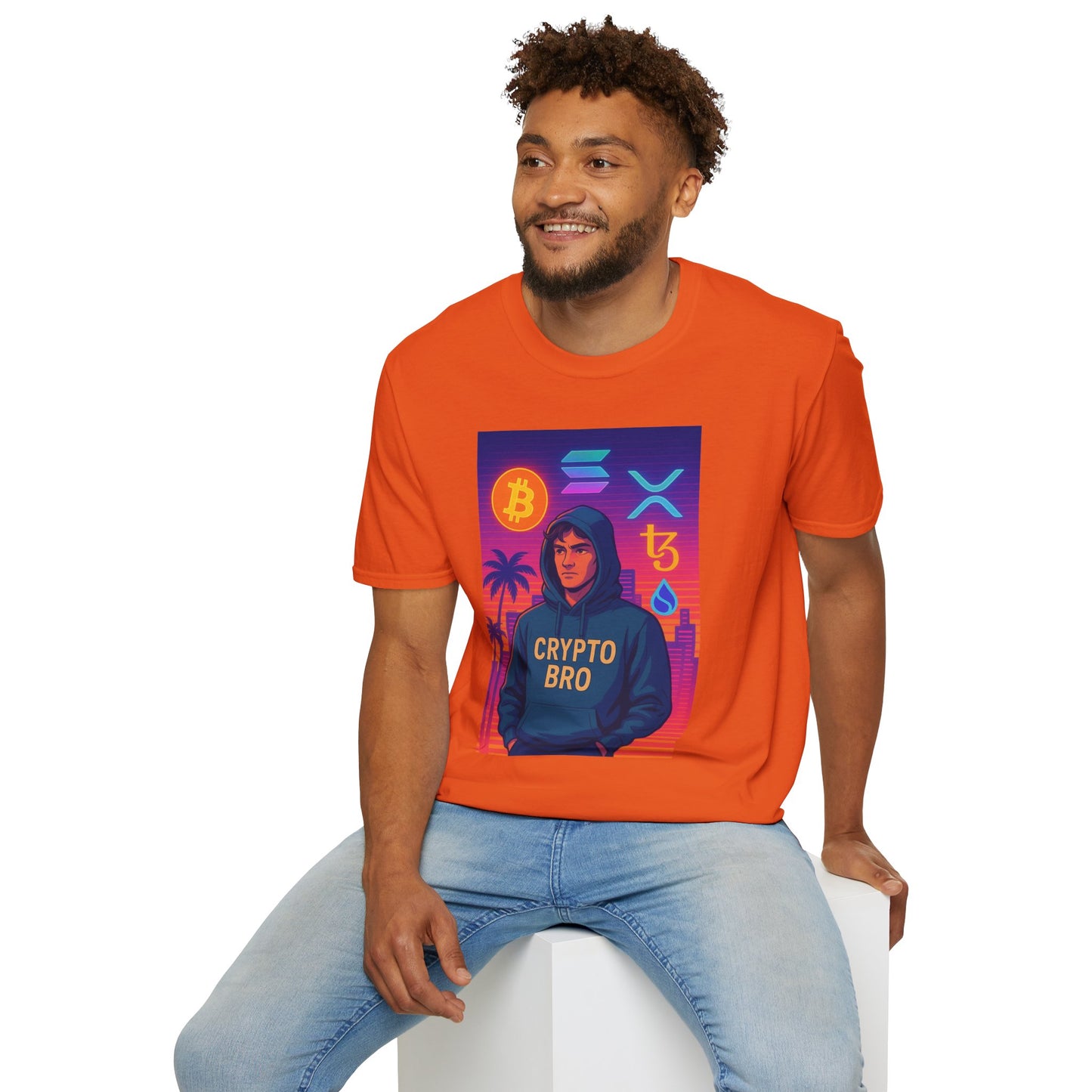Crypto Bro Miami Neon T-Shirt, Unisex Softstyle Tee for Crypto Lovers, Bitcoin Merch, Tech Apparel, Gamer Shirt, Unique Gift Idea