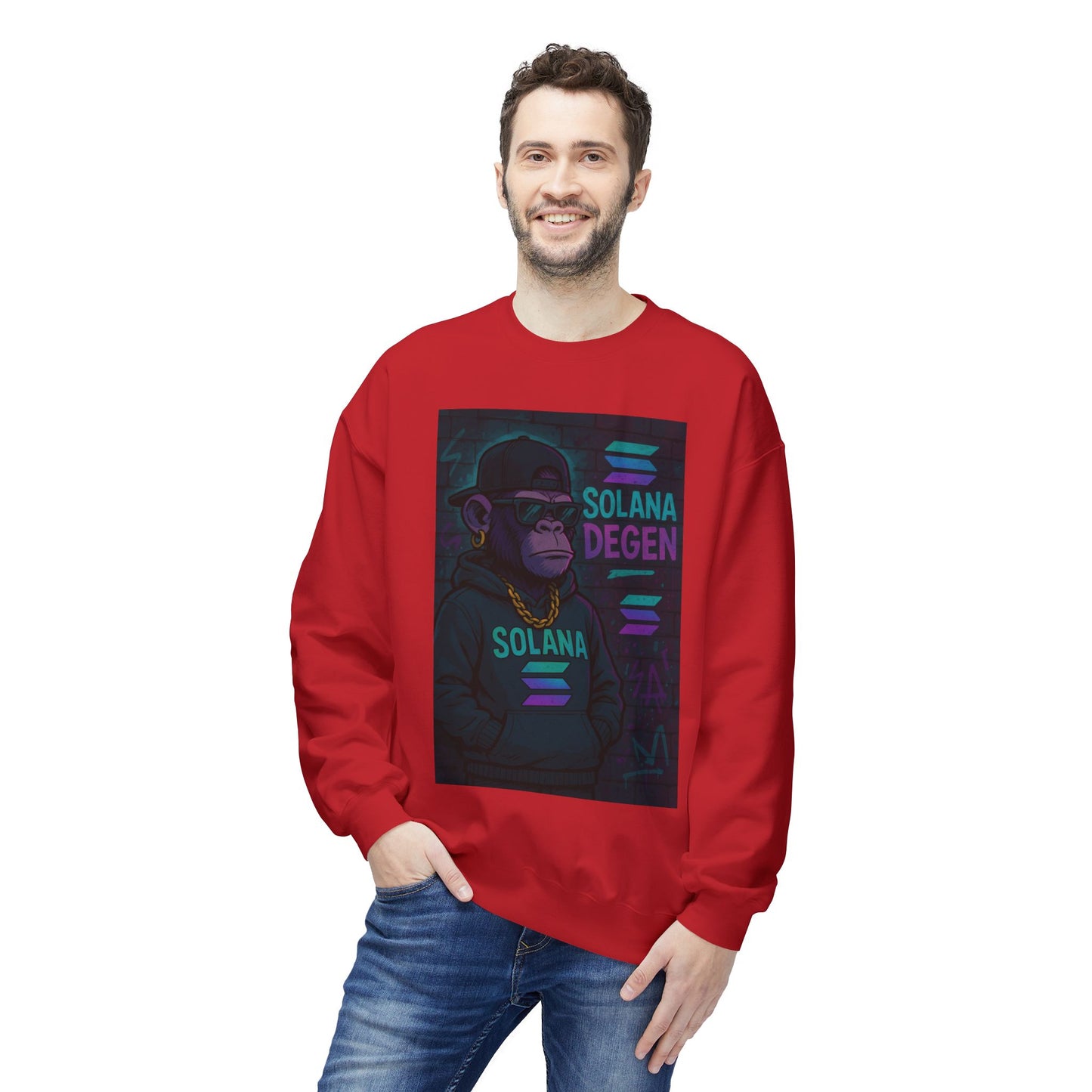 Solana Degen Fleece Sweatshirt, Cozy Crewneck, Unisex Apparel, Gift for Crypto Lovers, Stylish Casual Wear, Trendy Streetwear