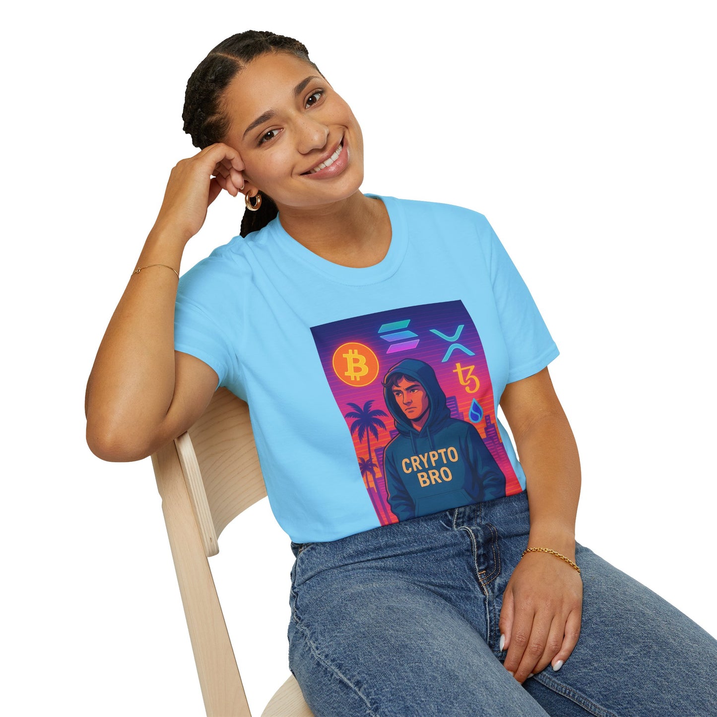 Crypto Bro Miami Neon T-Shirt, Unisex Softstyle Tee for Crypto Lovers, Bitcoin Merch, Tech Apparel, Gamer Shirt, Unique Gift Idea
