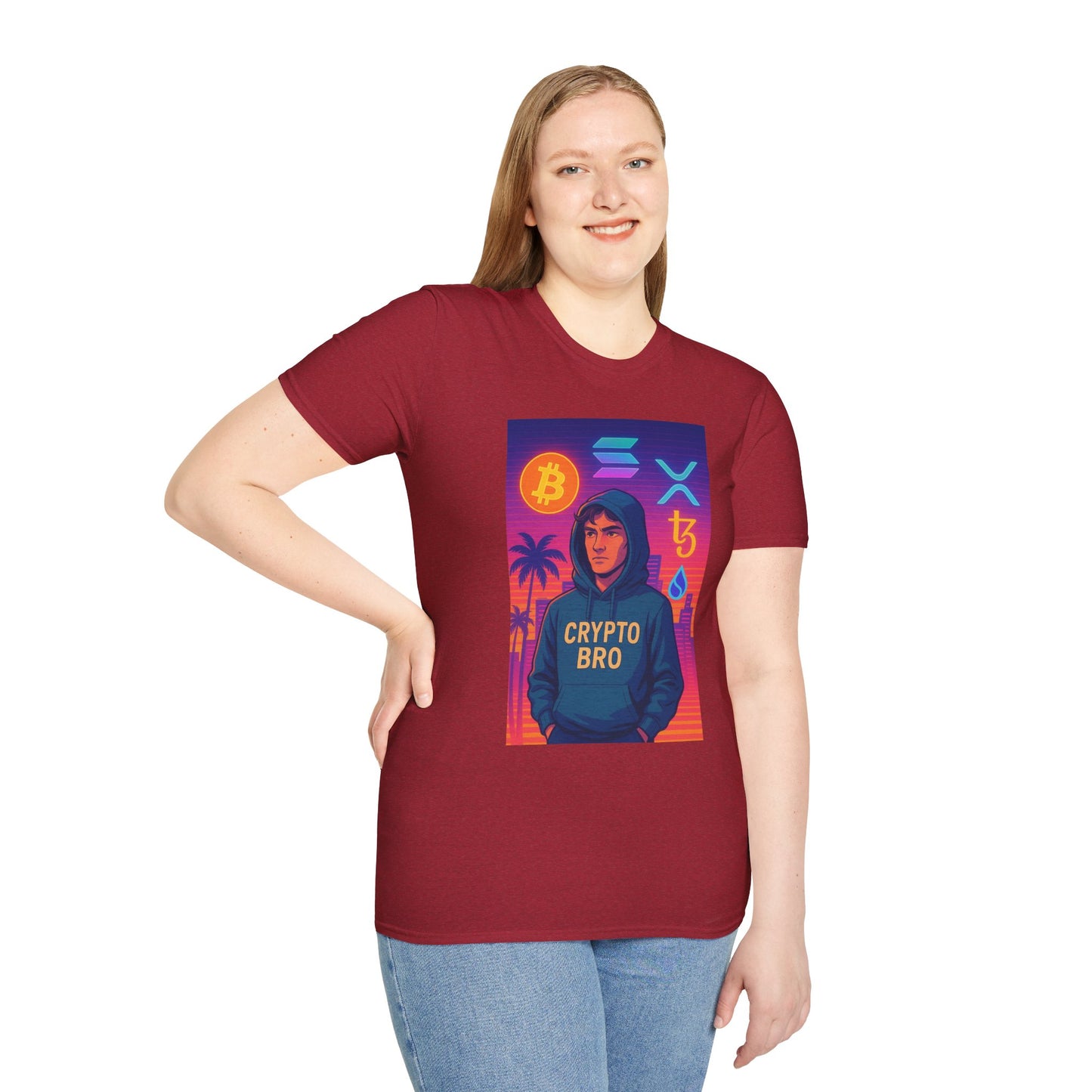Crypto Bro Miami Neon T-Shirt, Unisex Softstyle Tee for Crypto Lovers, Bitcoin Merch, Tech Apparel, Gamer Shirt, Unique Gift Idea
