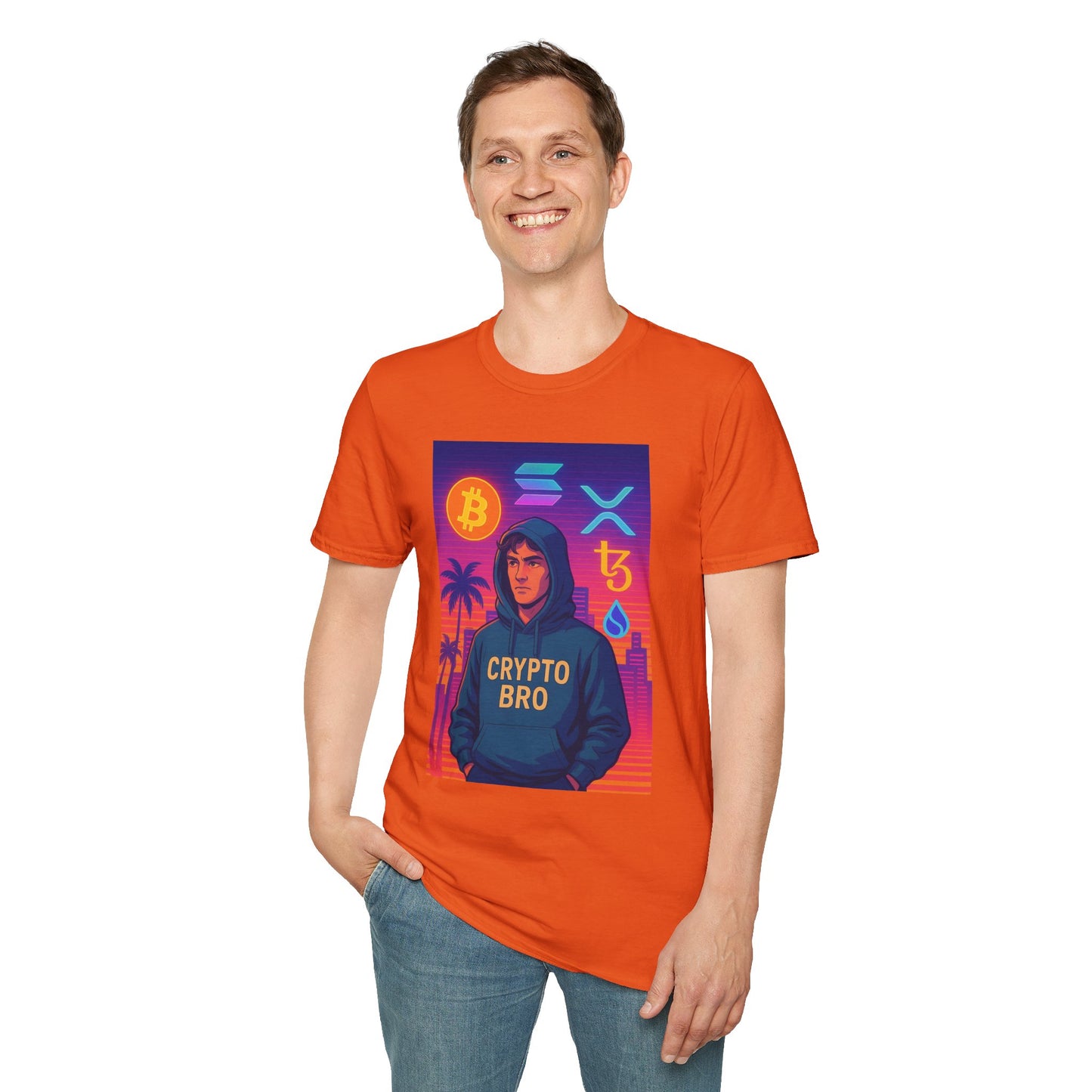 Crypto Bro Miami Neon T-Shirt, Unisex Softstyle Tee for Crypto Lovers, Bitcoin Merch, Tech Apparel, Gamer Shirt, Unique Gift Idea