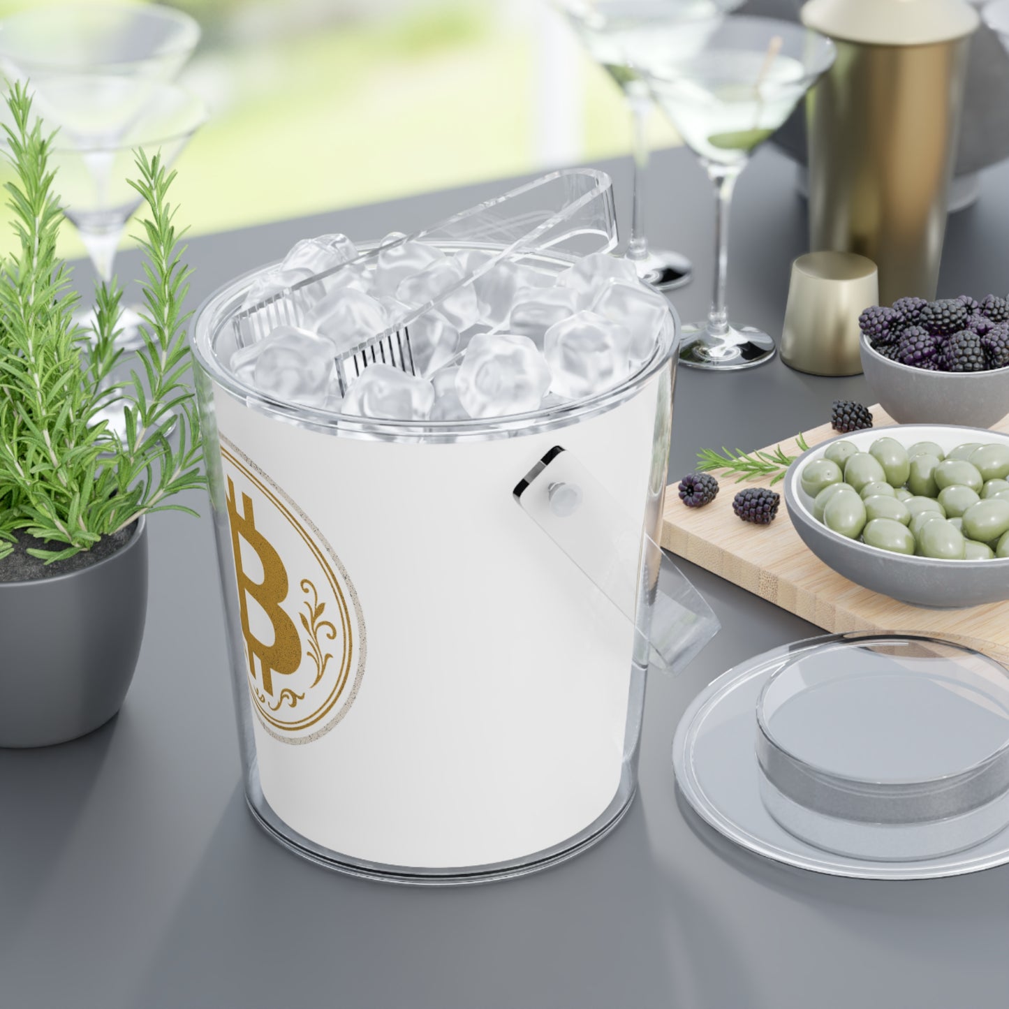 Bitcoin Ice Bucket with Tongs, Luxury Party Cooler, Cryptocurrency Gift, Modern Barware, Poolside Accessory