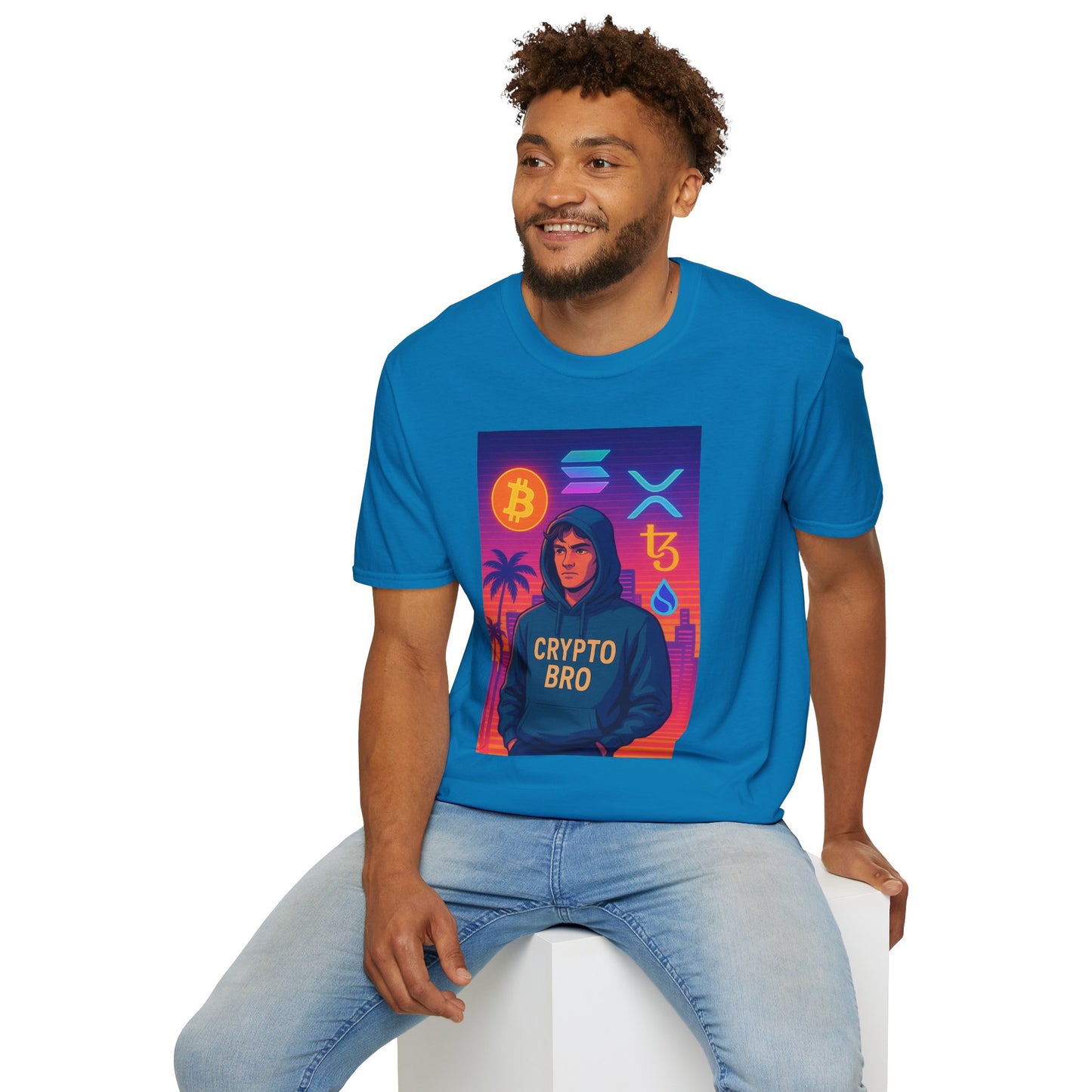 Crypto Bro Miami Neon T-Shirt, Unisex Softstyle Tee for Crypto Lovers, Bitcoin Merch, Tech Apparel, Gamer Shirt, Unique Gift Idea