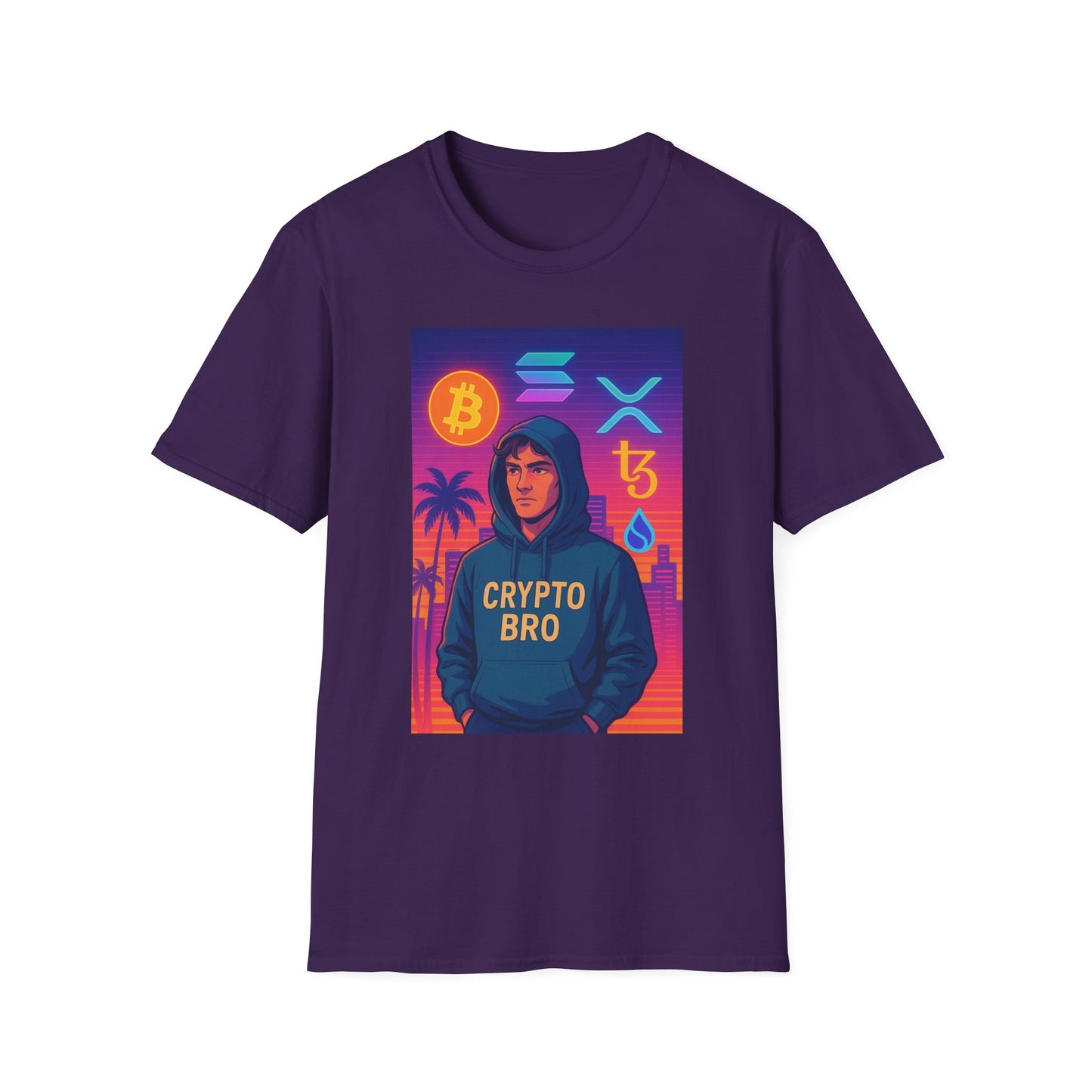 Crypto Bro Miami Neon T-Shirt, Unisex Softstyle Tee for Crypto Lovers, Bitcoin Merch, Tech Apparel, Gamer Shirt, Unique Gift Idea