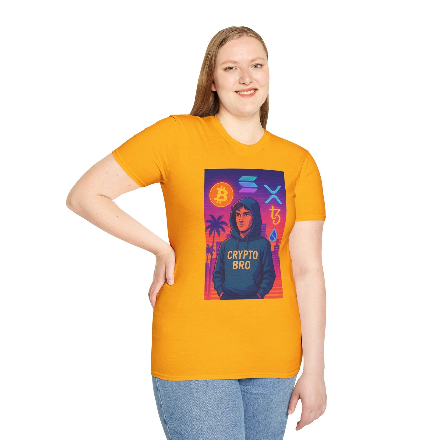 Crypto Bro Miami Neon T-Shirt, Unisex Softstyle Tee for Crypto Lovers, Bitcoin Merch, Tech Apparel, Gamer Shirt, Unique Gift Idea