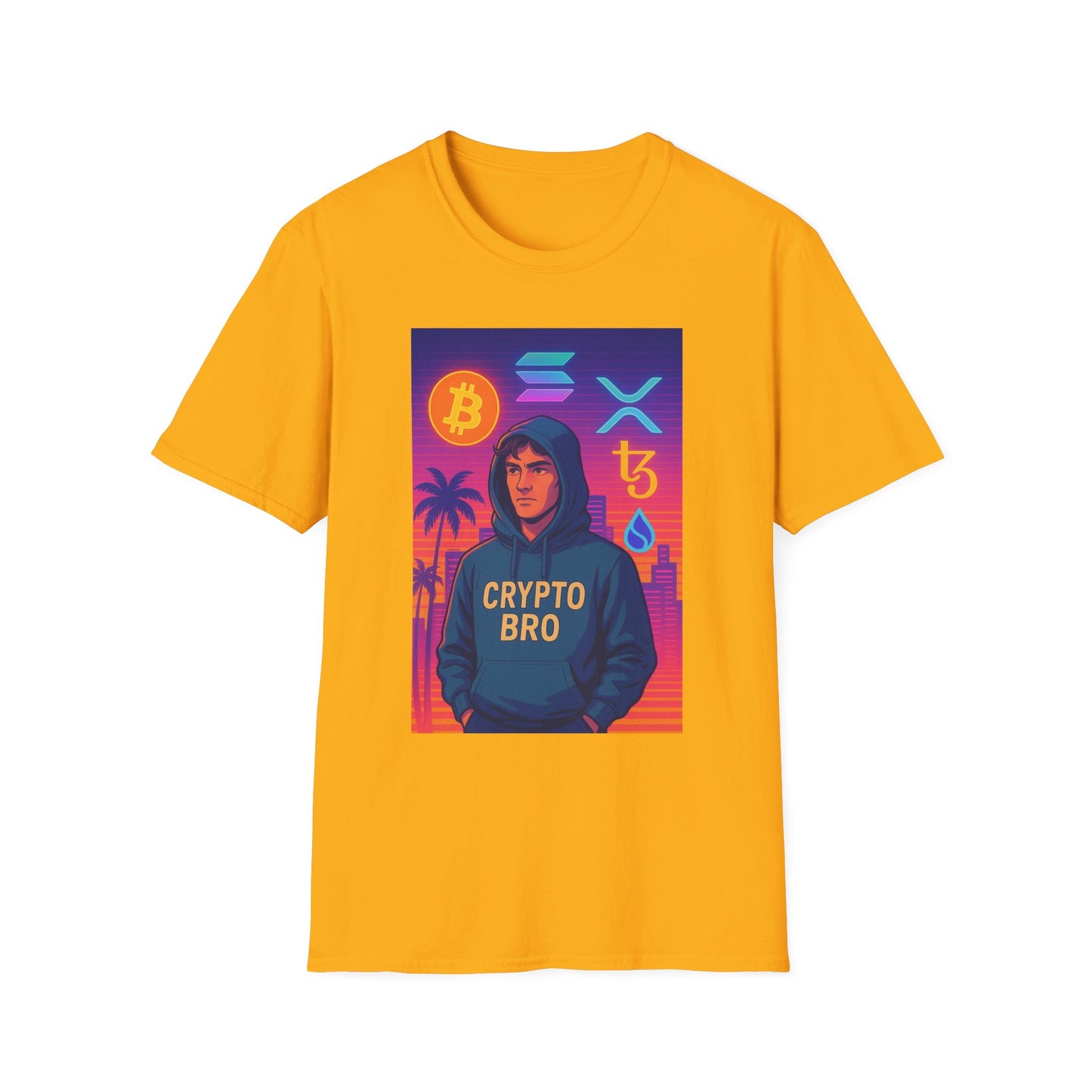 Crypto Bro Miami Neon T-Shirt, Unisex Softstyle Tee for Crypto Lovers, Bitcoin Merch, Tech Apparel, Gamer Shirt, Unique Gift Idea