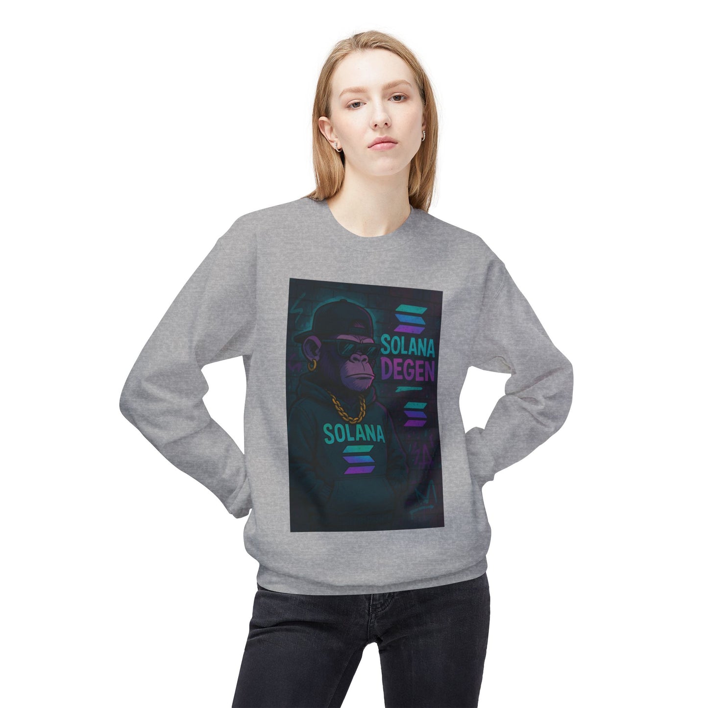 Solana Degen Fleece Sweatshirt, Cozy Crewneck, Unisex Apparel, Gift for Crypto Lovers, Stylish Casual Wear, Trendy Streetwear
