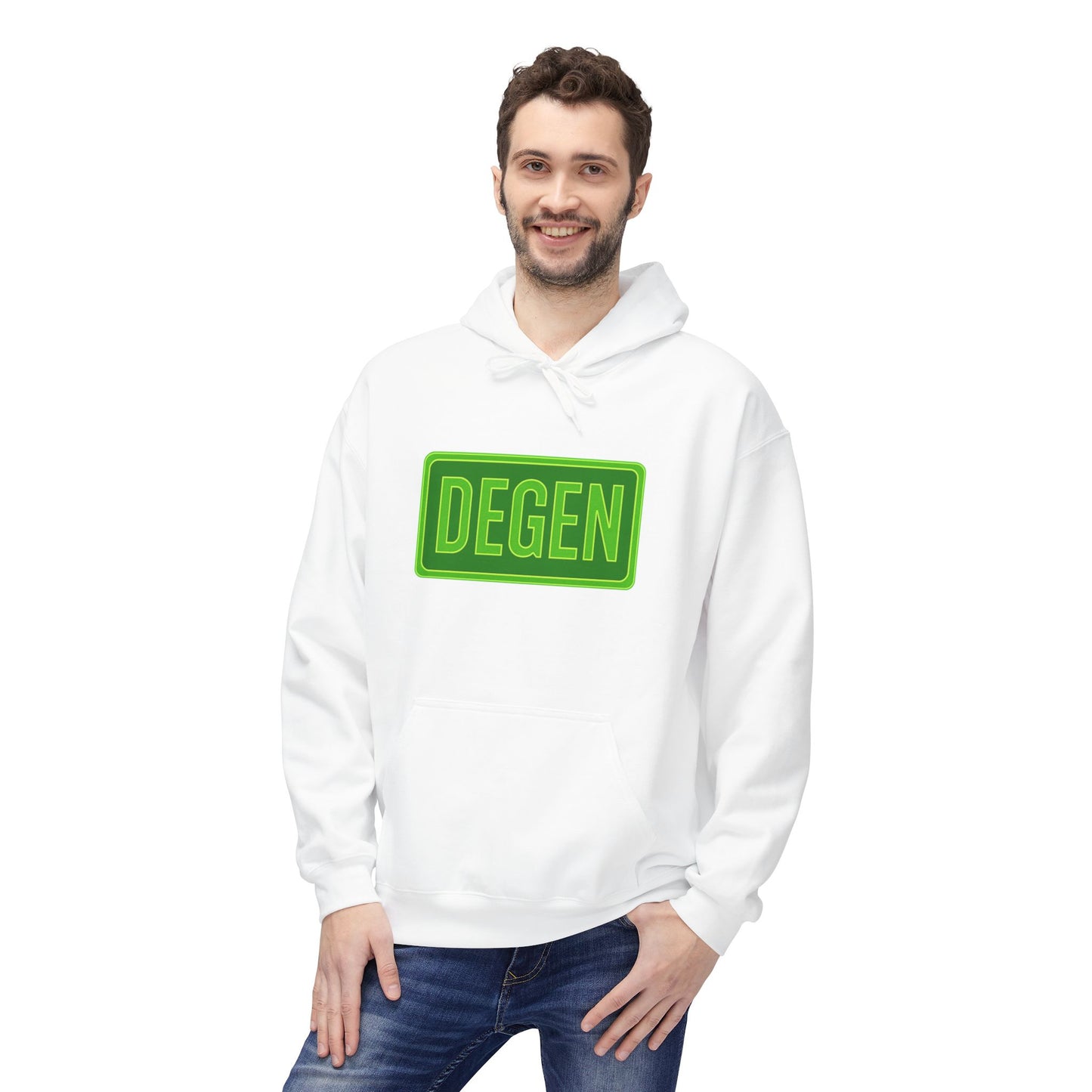 Degen Collection Casual Fleece Hoodie with 'DEGEN' Graphic, Cozy Streetwear, Perfect for Every Day, Great Gift for Friends, Ideal for Layering