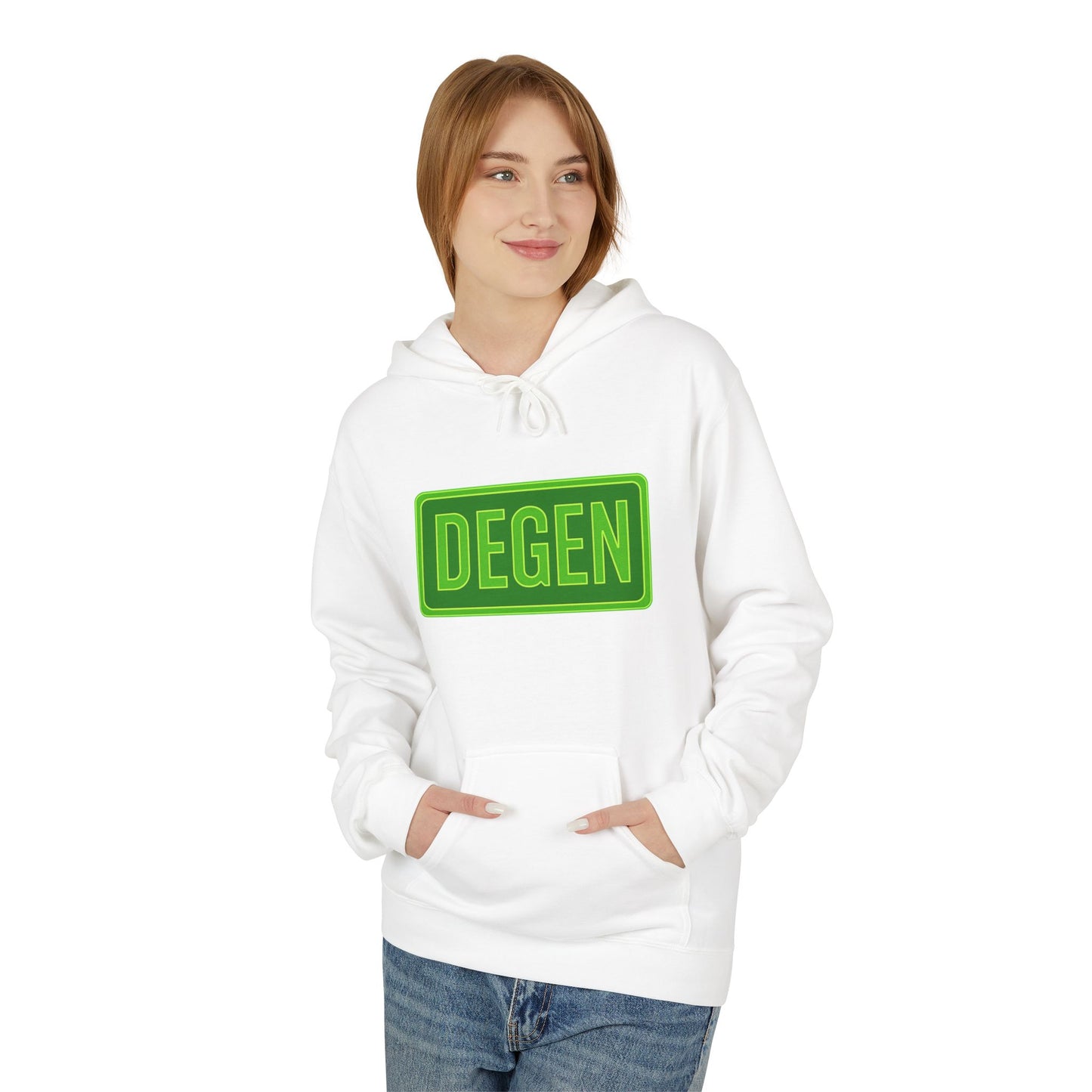 Degen Collection Casual Fleece Hoodie with 'DEGEN' Graphic, Cozy Streetwear, Perfect for Every Day, Great Gift for Friends, Ideal for Layering
