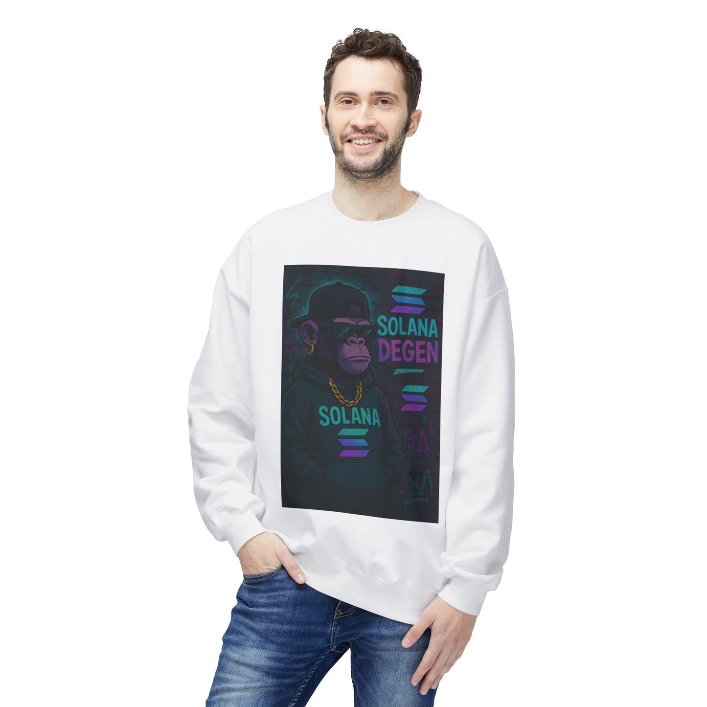 Solana Degen Fleece Sweatshirt, Cozy Crewneck, Unisex Apparel, Gift for Crypto Lovers, Stylish Casual Wear, Trendy Streetwear