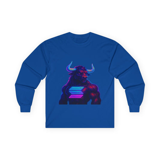 Solana Retro Bull Graphic Tee, Unisex Long Sleeve Shirt, Vintage Style Apparel, Gift for Him/Her, Cool Casual Wear, Cyberpunk Vibes
