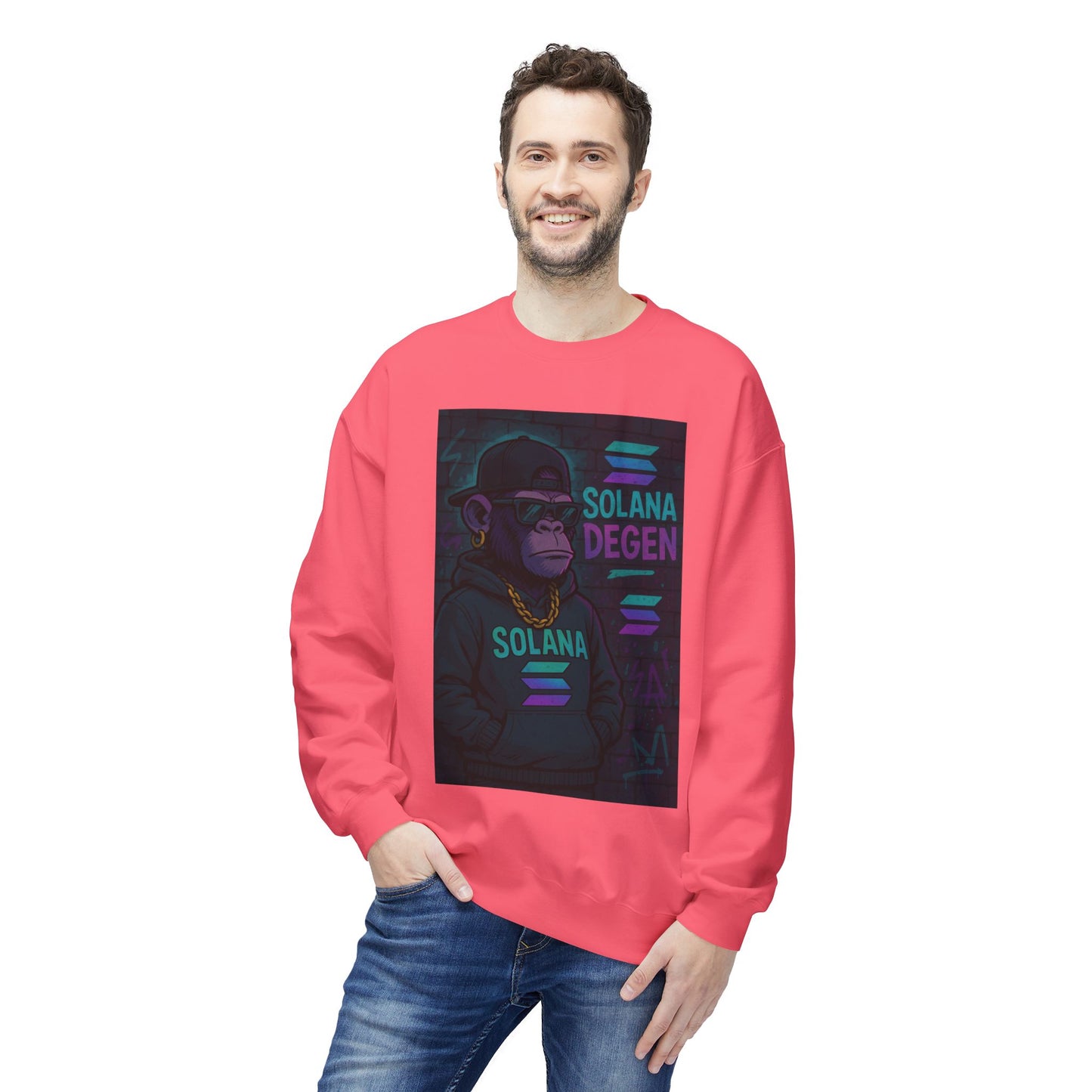 Solana Degen Fleece Sweatshirt, Cozy Crewneck, Unisex Apparel, Gift for Crypto Lovers, Stylish Casual Wear, Trendy Streetwear