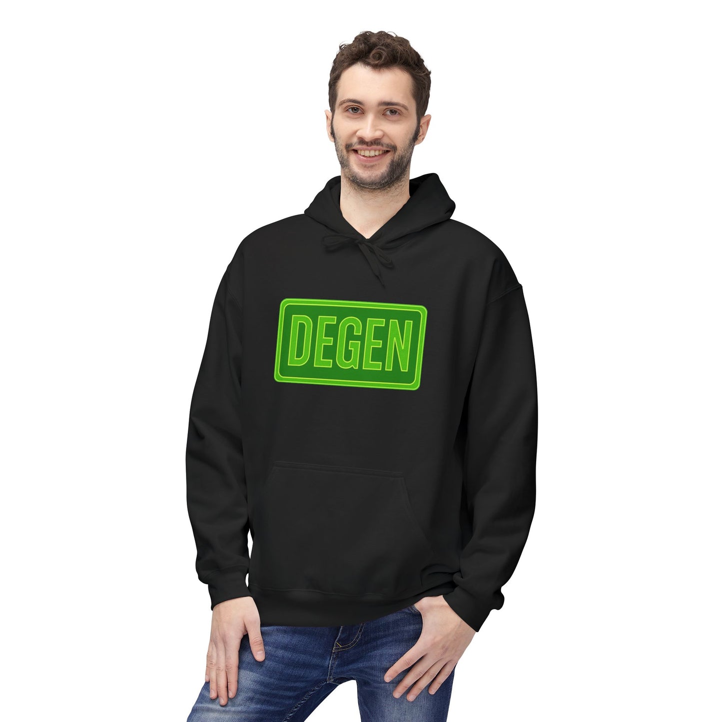 Degen Collection Casual Fleece Hoodie with 'DEGEN' Graphic, Cozy Streetwear, Perfect for Every Day, Great Gift for Friends, Ideal for Layering