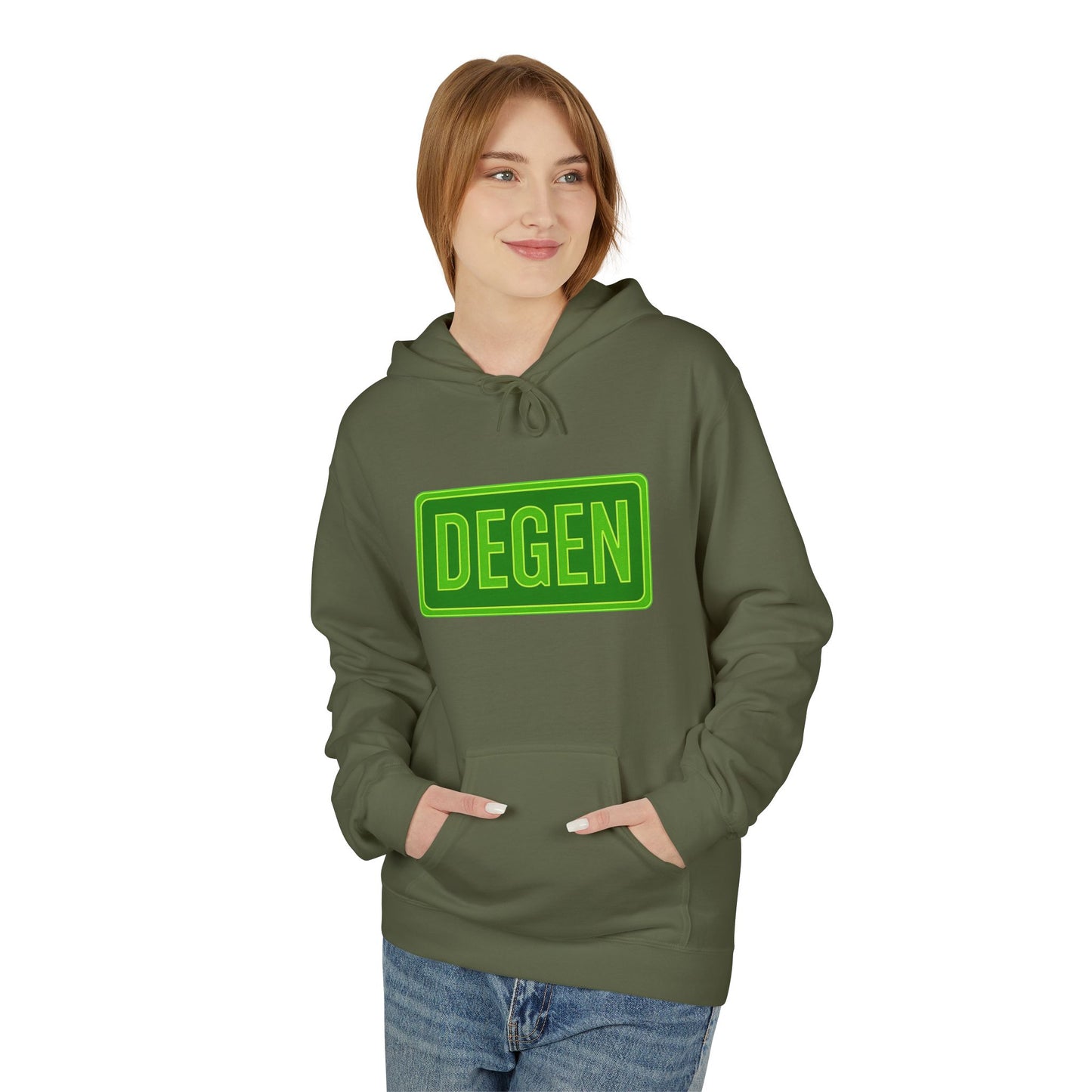 Degen Collection Casual Fleece Hoodie with 'DEGEN' Graphic, Cozy Streetwear, Perfect for Every Day, Great Gift for Friends, Ideal for Layering