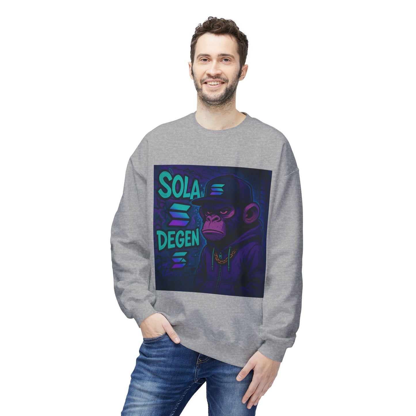 Solana Degen Sweatshirt, Unisex Graphic Crewneck, Crypto Fashion, Trendy Sweatshirt, Gift for Crypto Enthusiasts