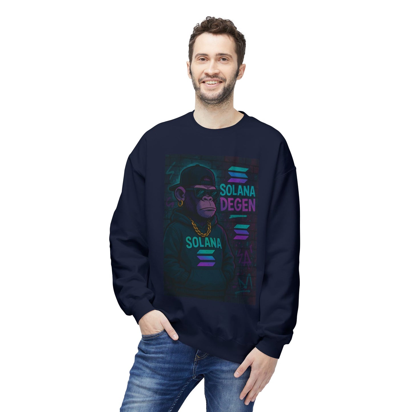 Solana Degen Fleece Sweatshirt, Cozy Crewneck, Unisex Apparel, Gift for Crypto Lovers, Stylish Casual Wear, Trendy Streetwear