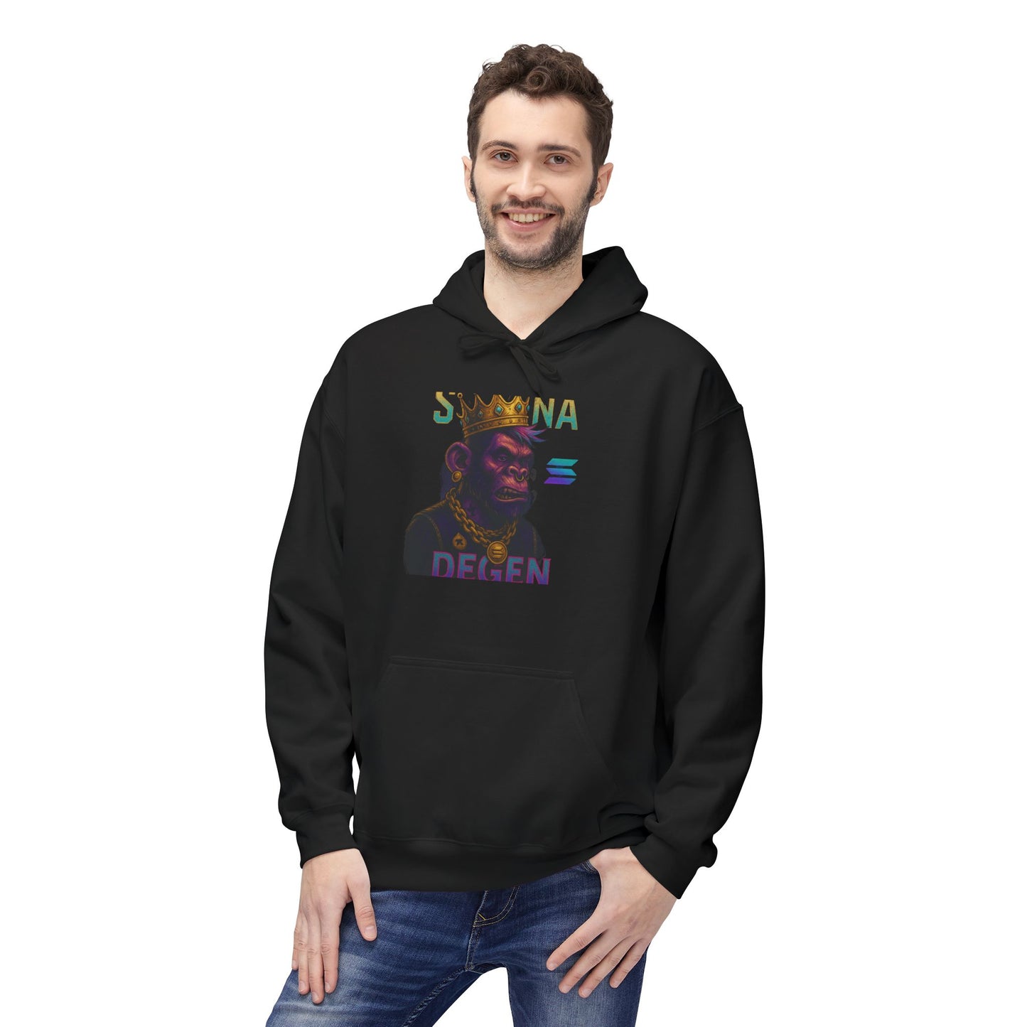 Solana Degen Mode King Inspired Unisex Hoodie, Cozy Streetwear, Gift for Him/Her, Casual Layering, Perfect for Relaxing & Celebrations