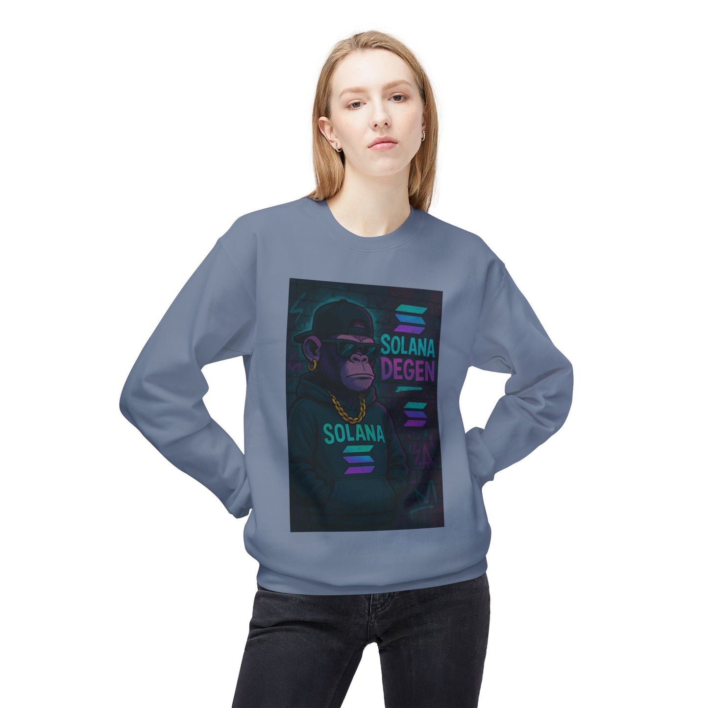 Solana Degen Fleece Sweatshirt, Cozy Crewneck, Unisex Apparel, Gift for Crypto Lovers, Stylish Casual Wear, Trendy Streetwear