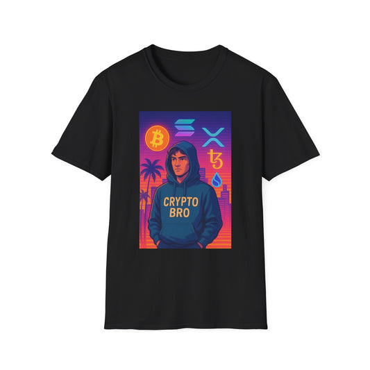 Crypto Bro Miami Neon T-Shirt, Unisex Softstyle Tee for Crypto Lovers, Bitcoin Merch, Tech Apparel, Gamer Shirt, Unique Gift Idea