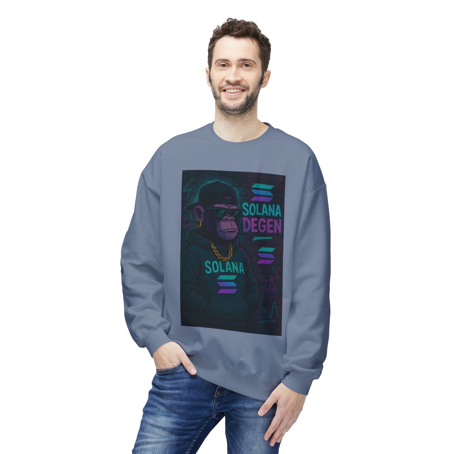 Solana Degen Fleece Sweatshirt, Cozy Crewneck, Unisex Apparel, Gift for Crypto Lovers, Stylish Casual Wear, Trendy Streetwear